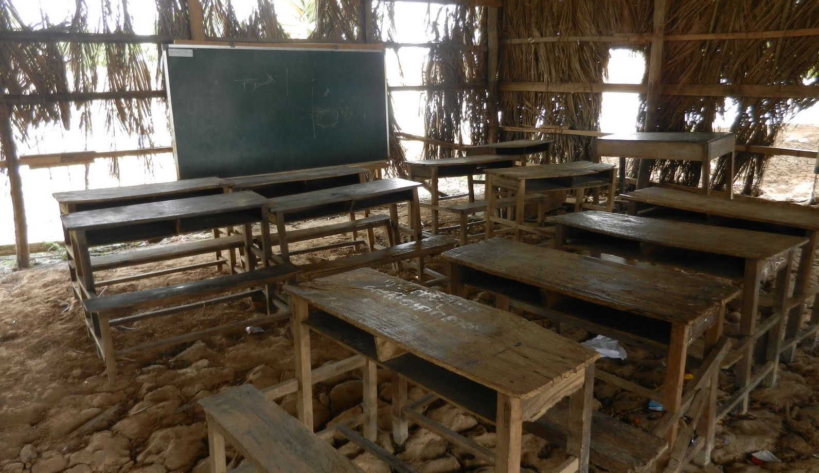 An outdoors classrom made of wood near farmland, shown without kids, with wooden tables facing a blackboard and a straw roof. Photo by me from one of the first schools I worked with.