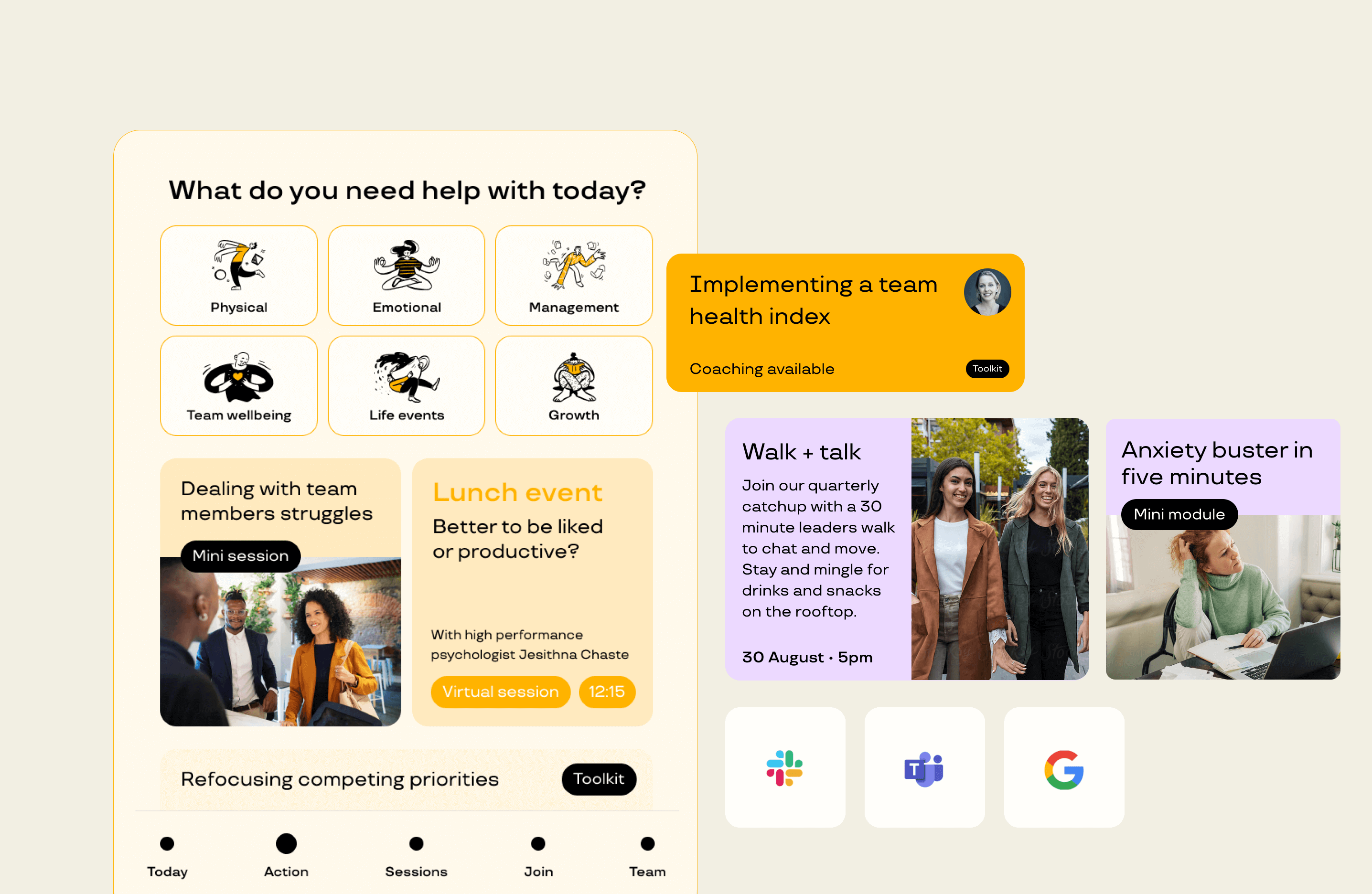 A mockup showing the employee wellbeing application and some features such as events and product integrations
