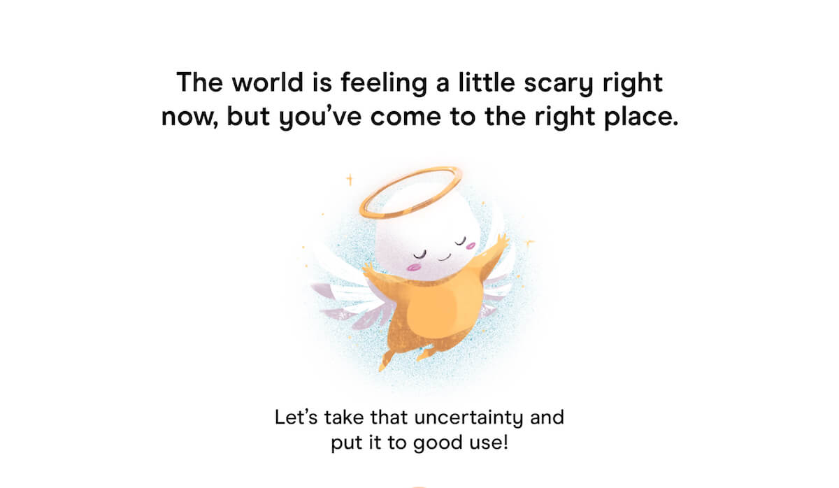 The Panic Donate website included two different options - this one is depicting an illustration of an angel asking people to put their uncertainty to good use