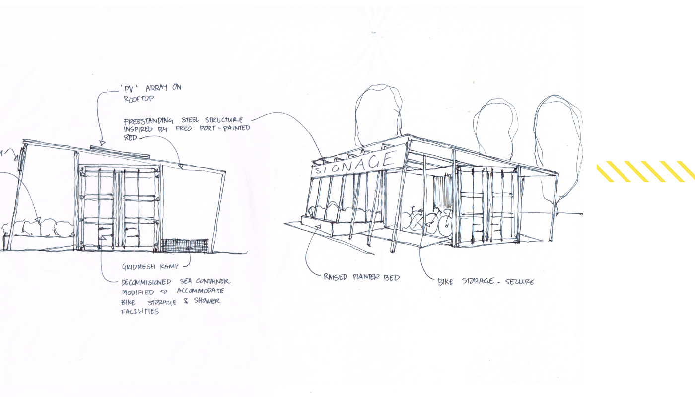 Sketches from the studio on a white background with a graphic element (yellow stripe tape) added