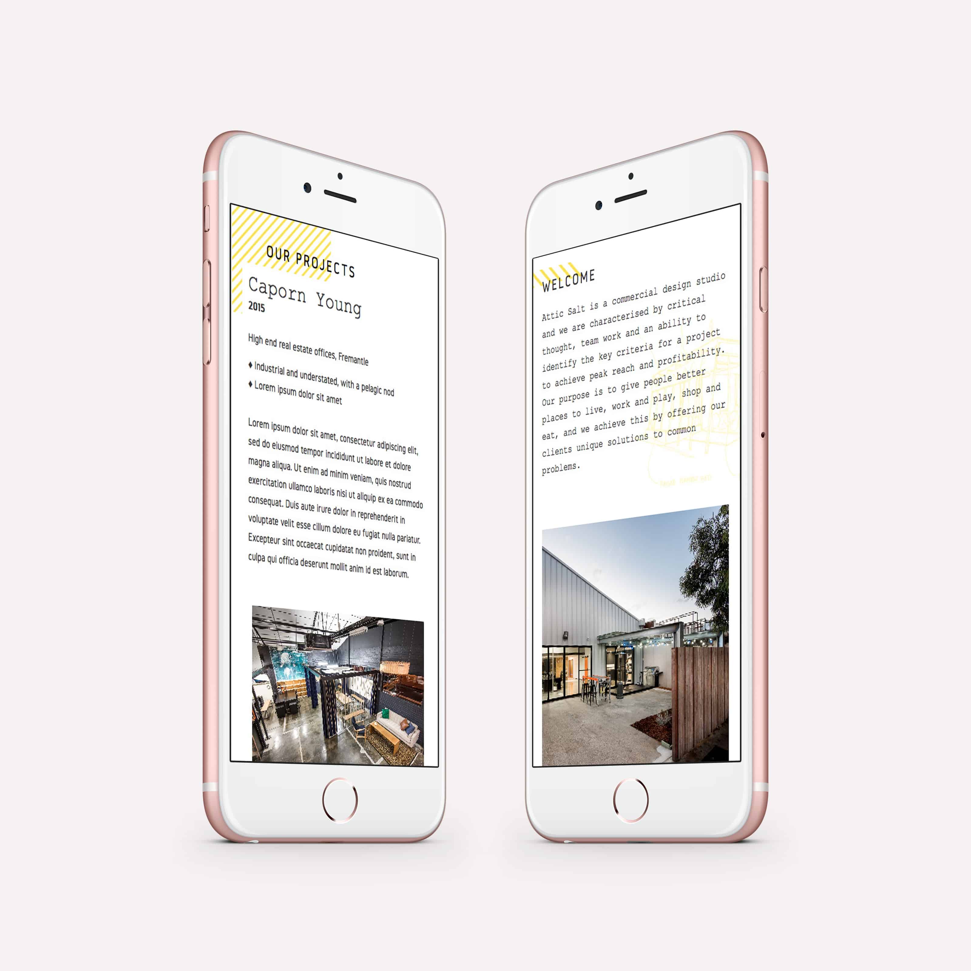 Two rose gold iphones facing eachother showing different sections of the mobile responsive website
