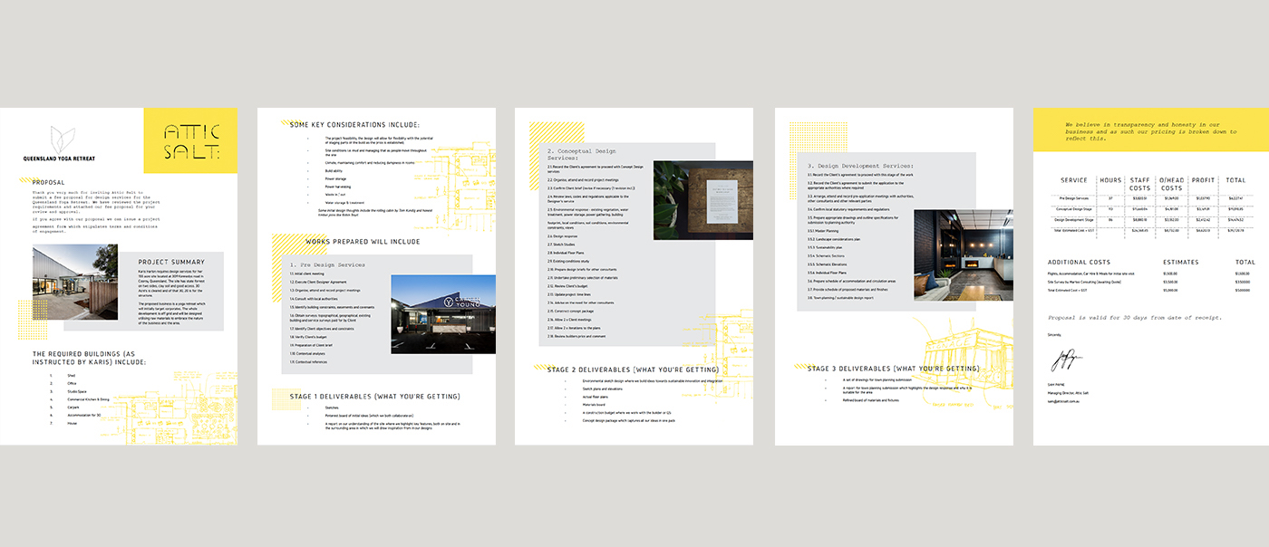 Five pages from the proposal document laid out horizontally on a solid light grey background