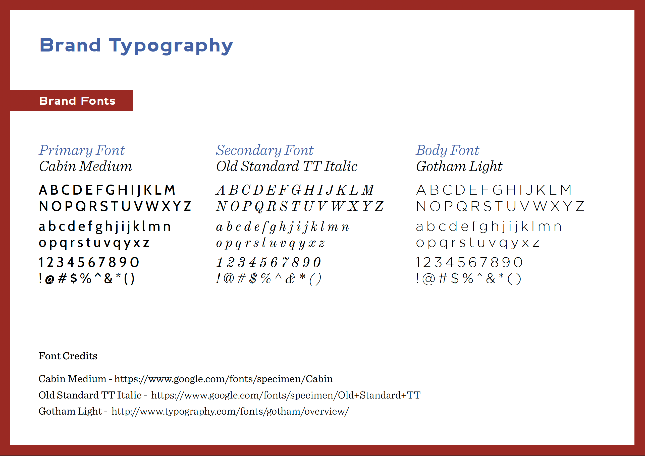 A page from the small brand guide showing the type palette