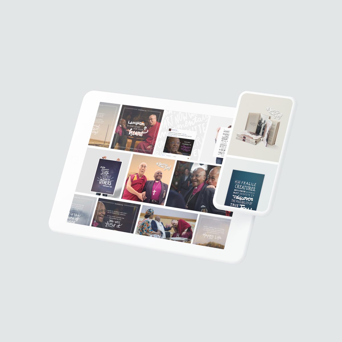 A computer tablet and phone mockup with various social media graphics for the project
