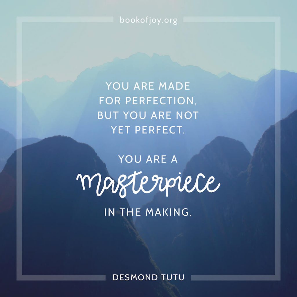 A blue hour mountains image with the DT quote you are made for perfection but you are not yet perfect, you are a masterpiece in the making