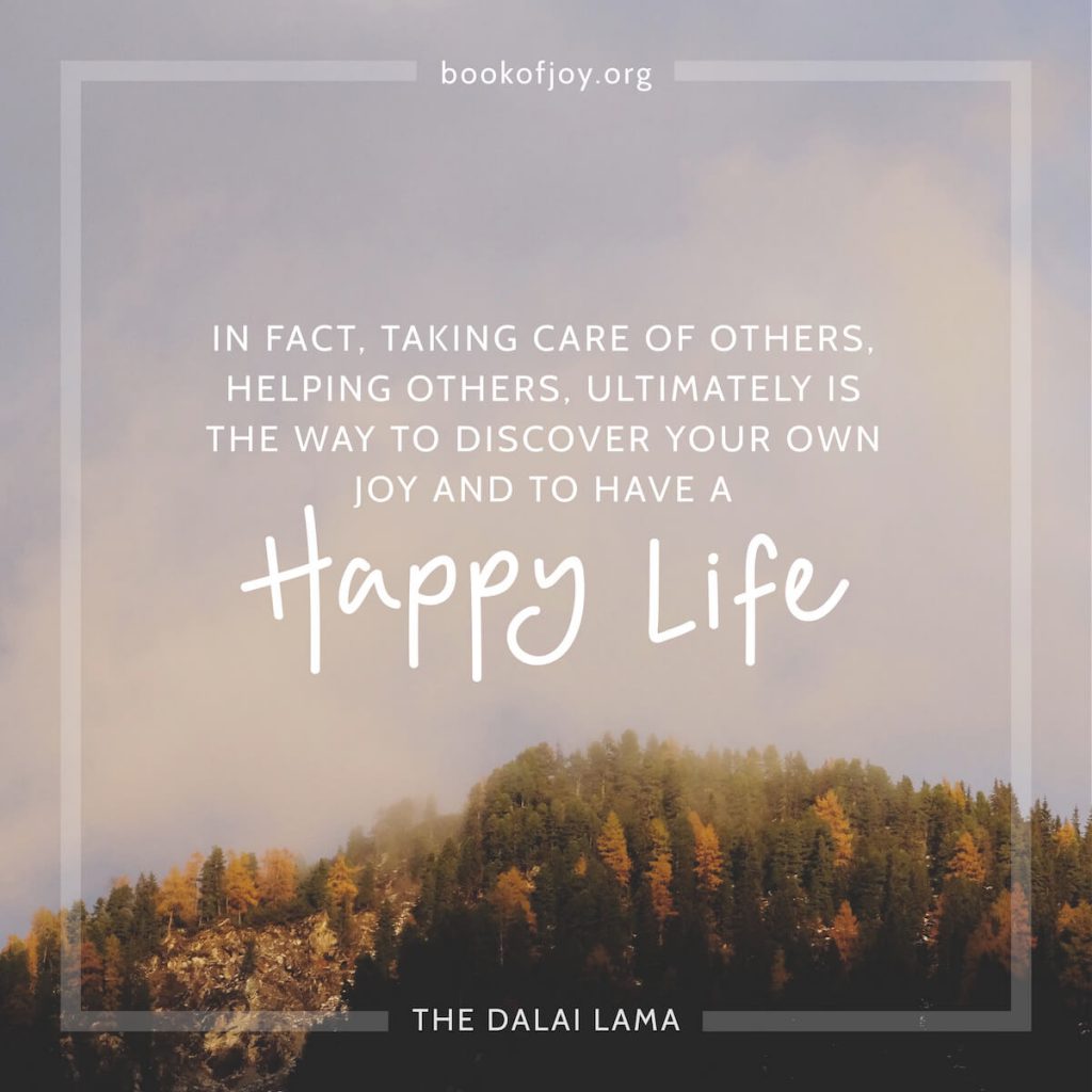 A dusty purple sky covers most of the image with forest trees peeking through from the bottom and the DL quote in fact, taking care of others, helping others, ultimately is the way to discover your own joy and have a happy life