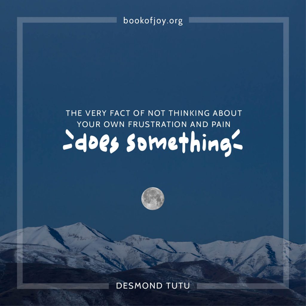 A blue hour night sky with a bright full moon and snow capped mountains at the bottom of the image with the DT quote the very fact of not thinking about your own frustration and pain does something