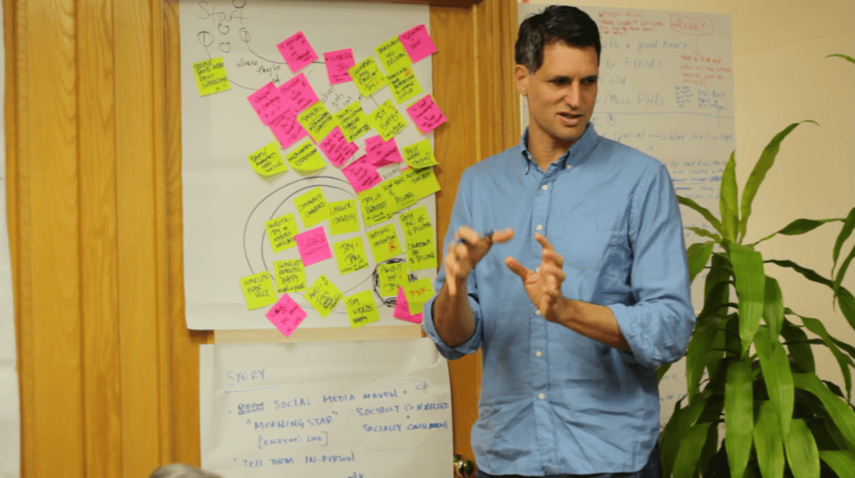 Doug during the workshop standing in front of butchers paper covered in yellow and pink post-it notes