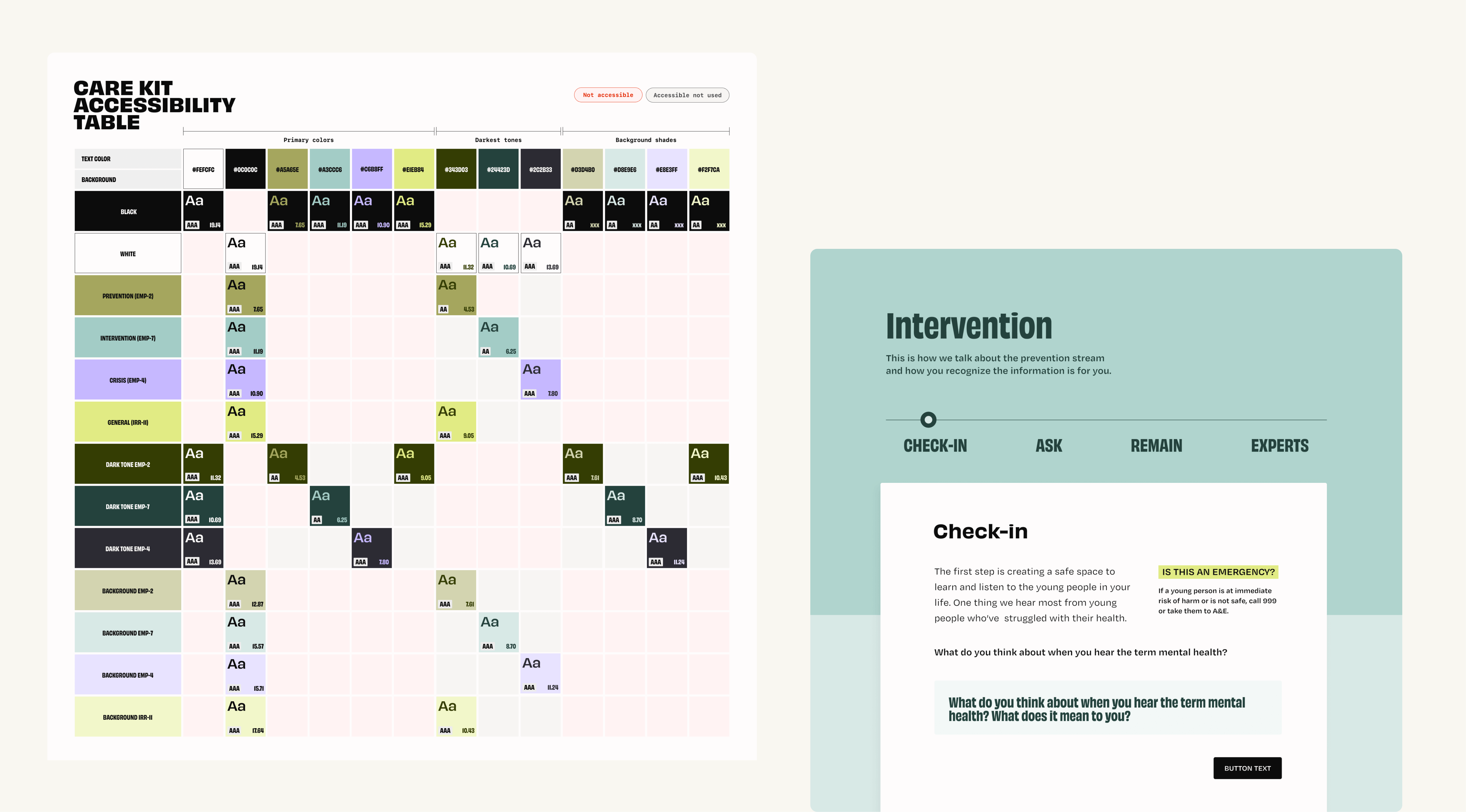 On the left of this image is a large accessibility table showing the color combinatons allowed and not for their contrasts and readability and on the right is an in-situ example of this applied.