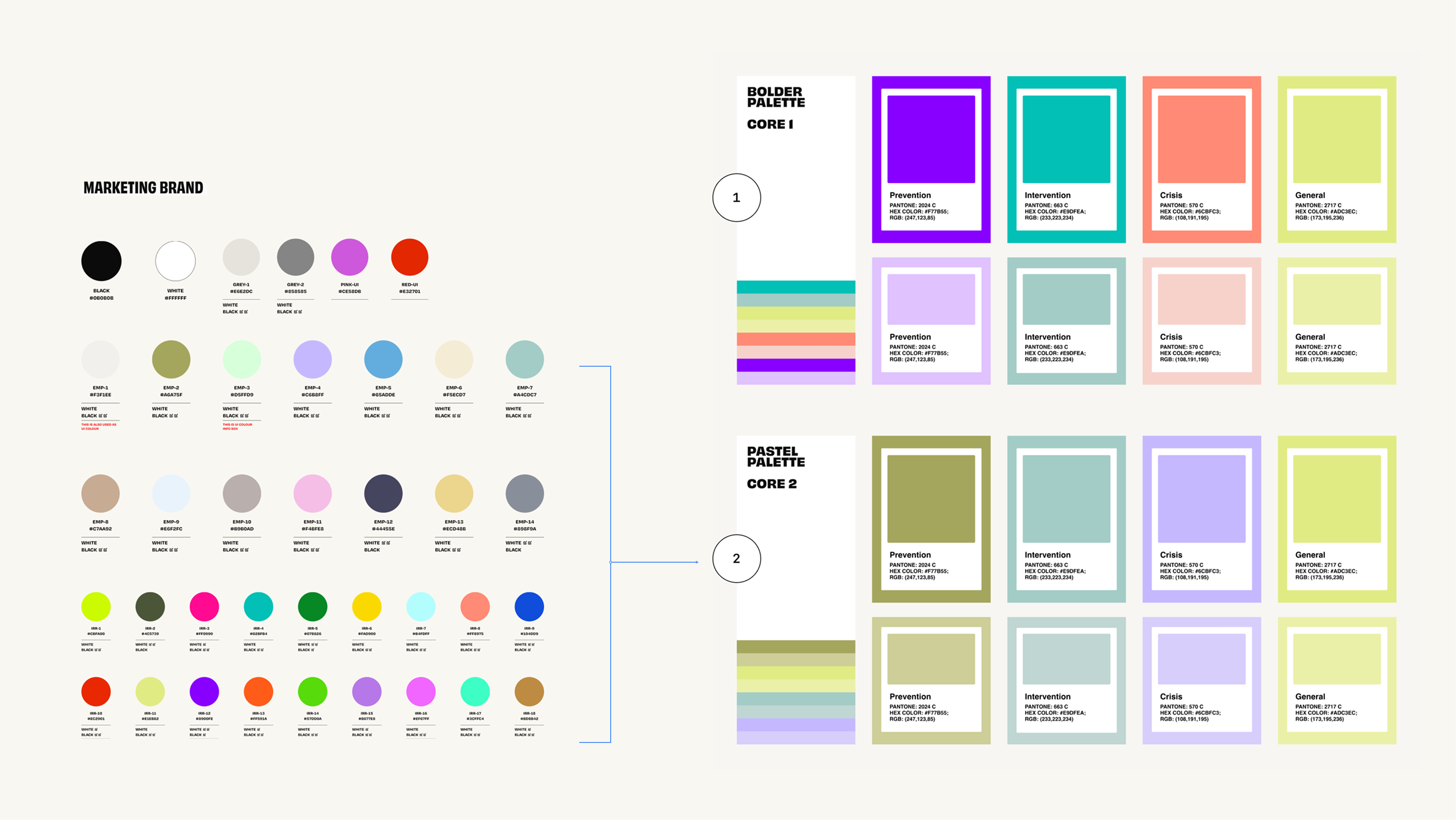 An image on the left showing all the marketing brand colors and on the right showing the two color palette options for the product