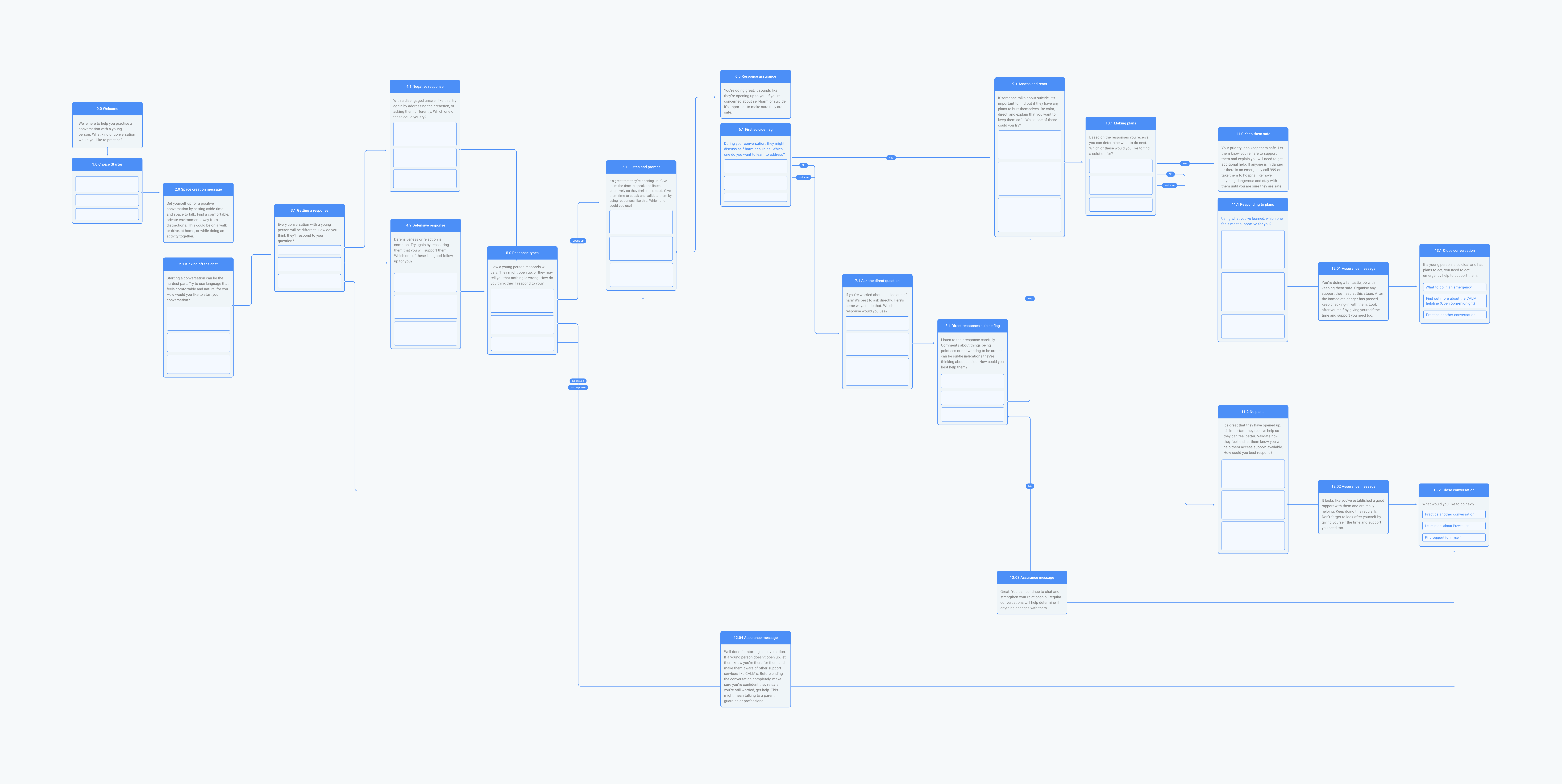 The user journey of the conversation flow showing the questions and answers, obscured in this image.
