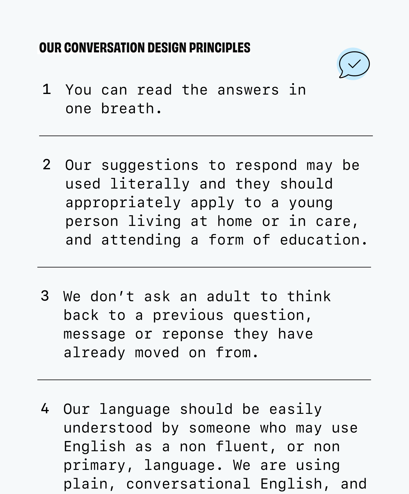 A light blue background showing four of the conversation design principles, starting with you can read the answers in one breath.