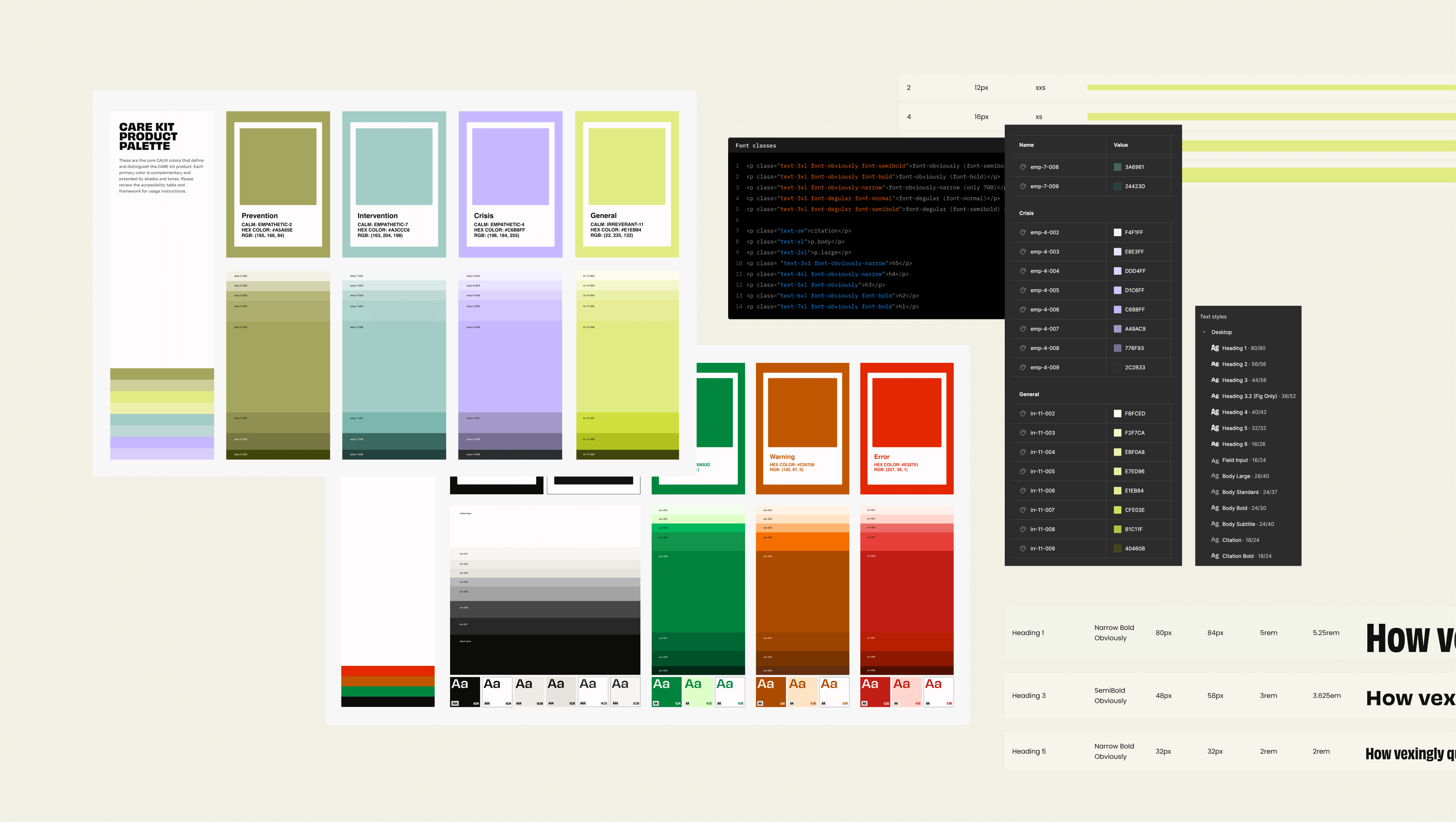 This image is a mix of graphics showing colors palettes, variable setup in Figma, variable classes in the code and margins and padding