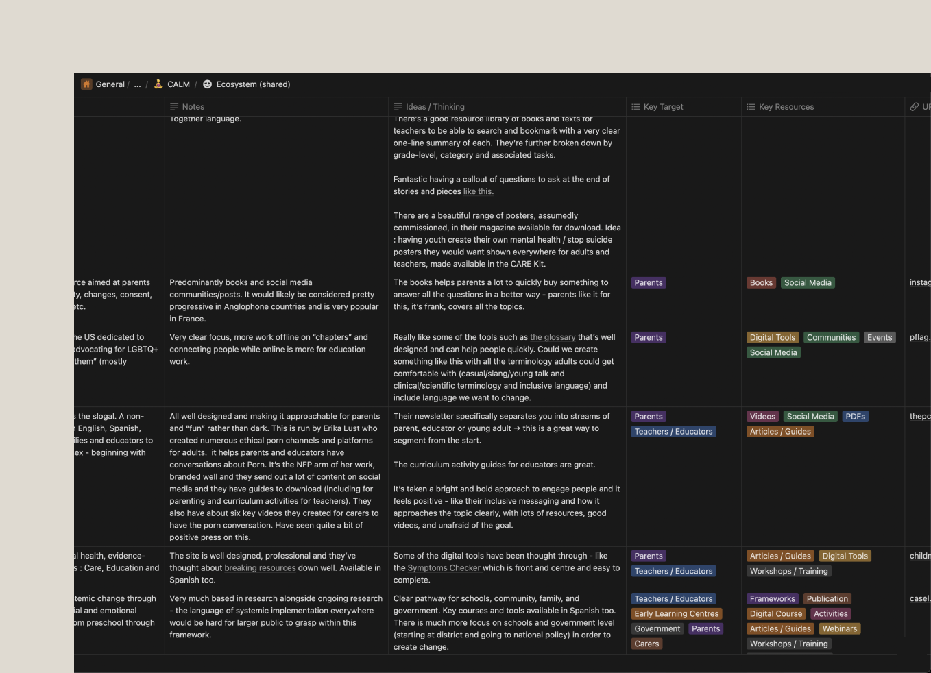 A snapshot from my database which shows some notes on some of the organizations found.