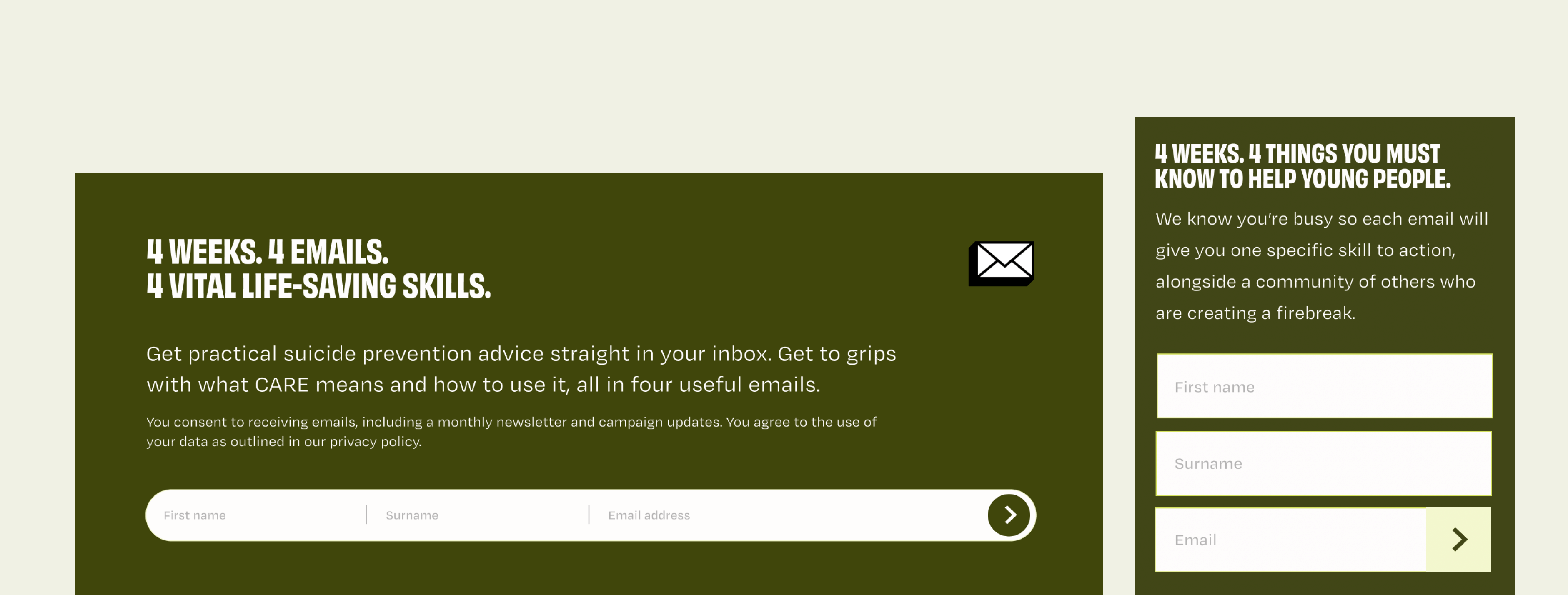 An image showing the email signup on a large screen vs a mobile device where on mobile the fields have been pulled into three separate field for name, surname and email with an embedded button to submit, whereas on large screens it's one interactive horizonal line with focus points for the user input in the active field
