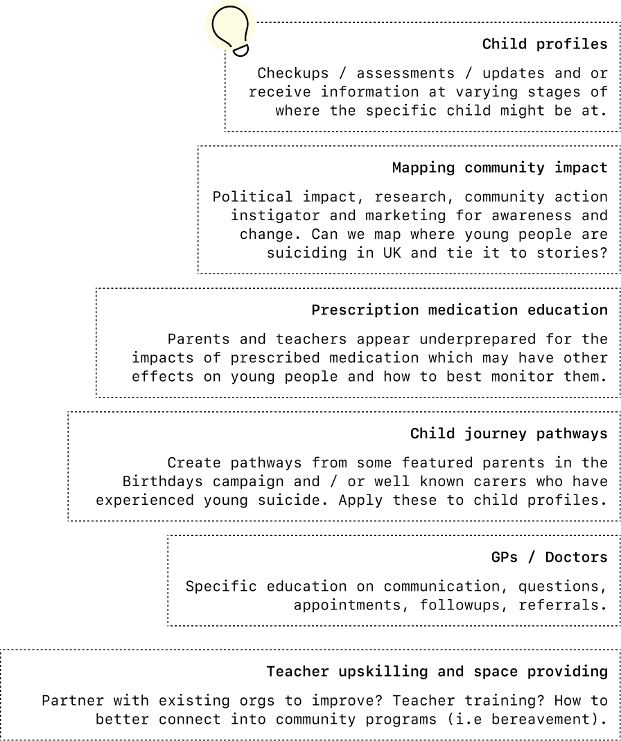 A few snapshots from some of the ideas and product features including creating child profiles, mapping community impact, conducting prescription medication education, creating child journey pathways, education specific to GPs, and teacher upskilling.