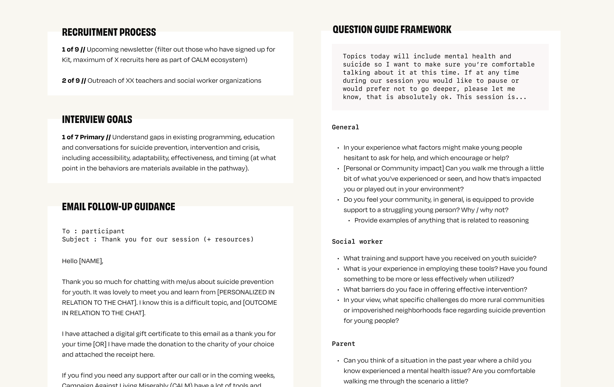An image showing a snapshot of the work needed for interviews; the recruitment process, interview goals, email templates, and question guides and interview frameworks.