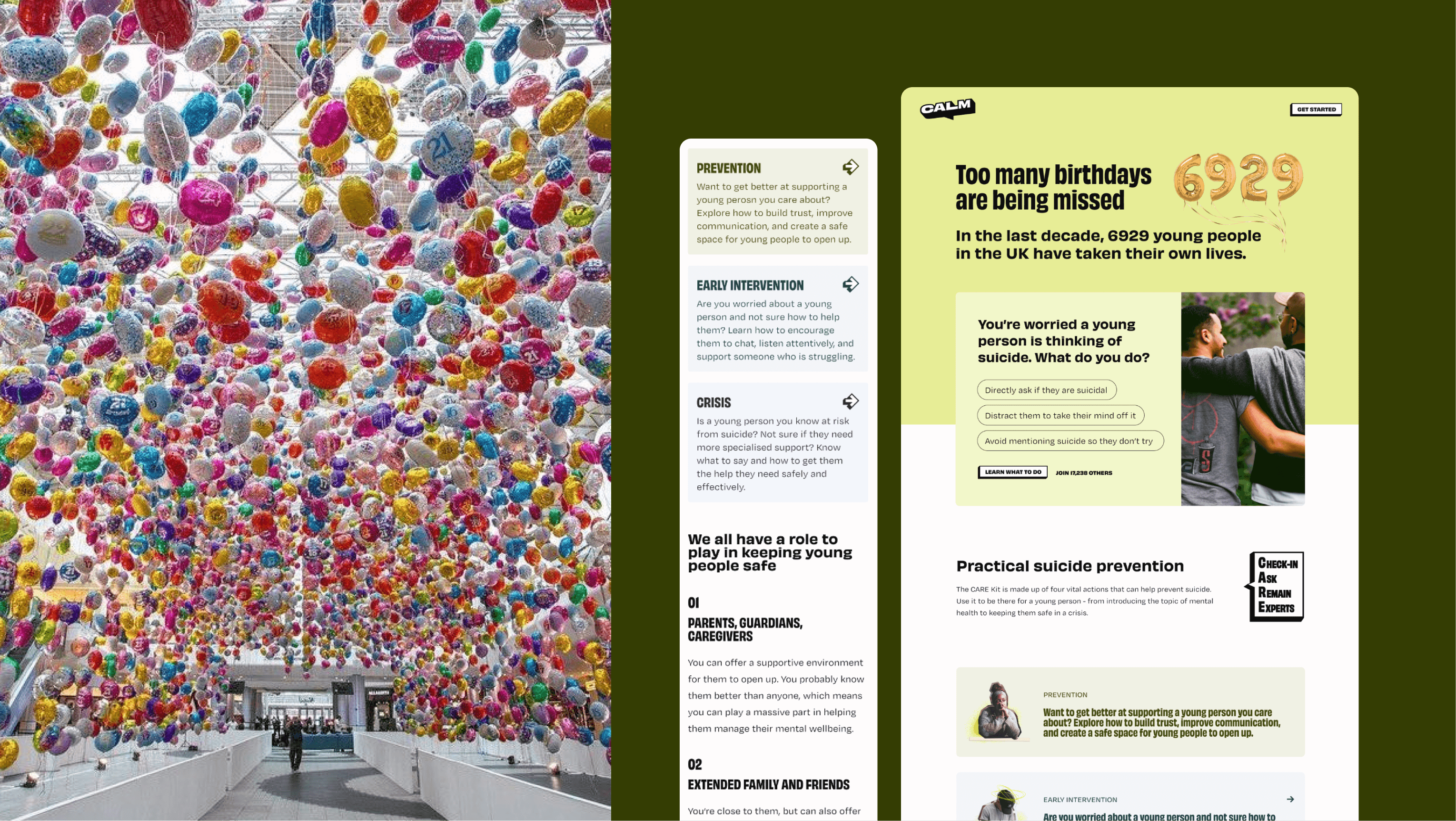 A photo of the balloon installation in the shopping centre on the left, with a shot of the mobile design of the landing page and the larger screen desktop version on the right.