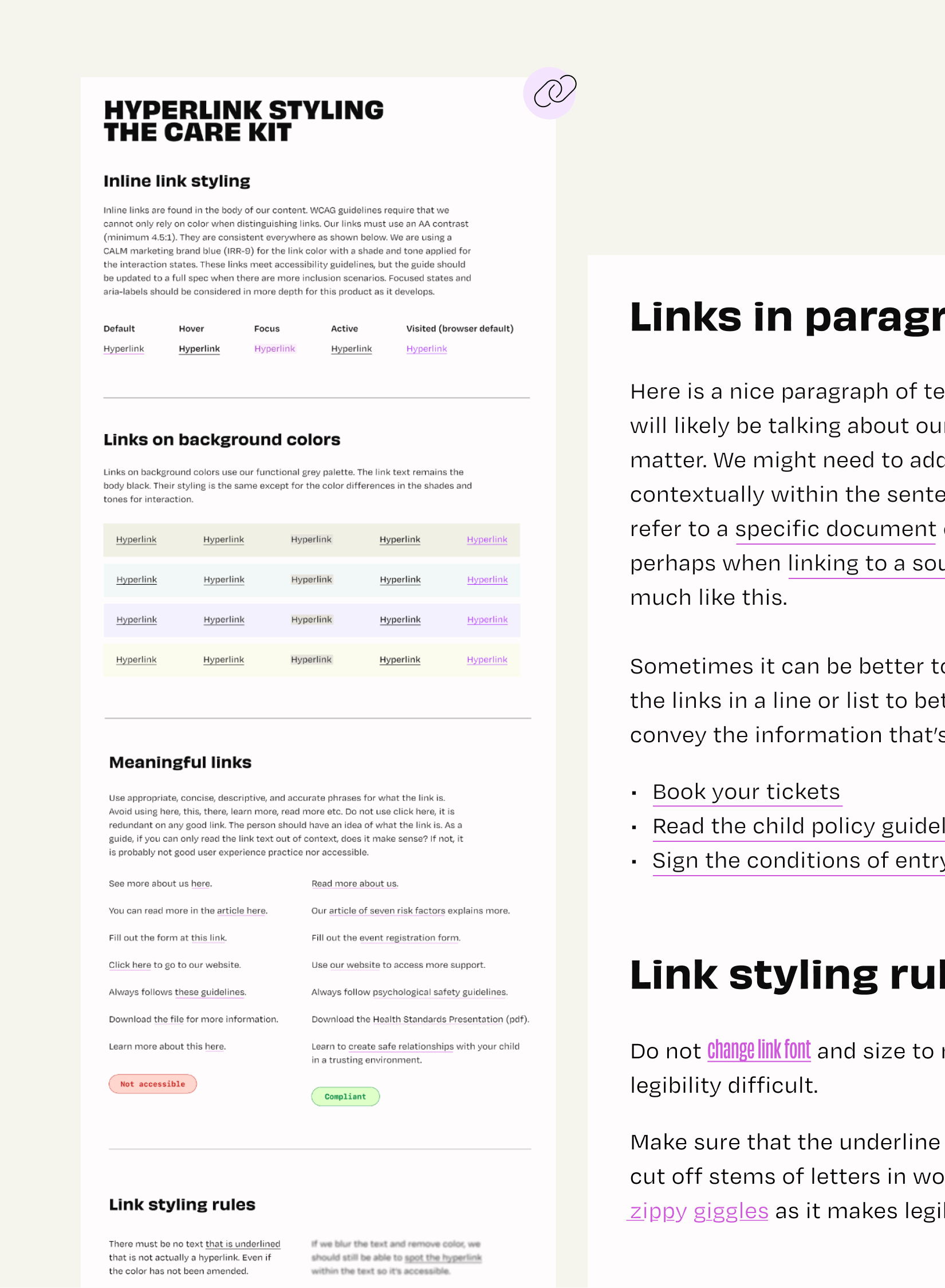 A snapshot of the link styling guidelines showing where links can be used, how to write with links, what meaningful links are, what links on colors should look like, links within paragraphs, links within lists etc.