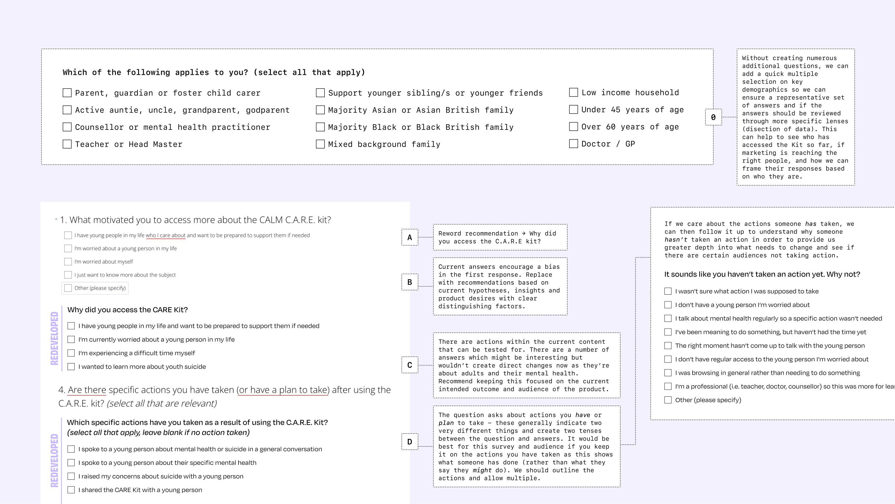 An image on a light purple background shows section examples of the survey that I reworked and their reasoning and suggestions.