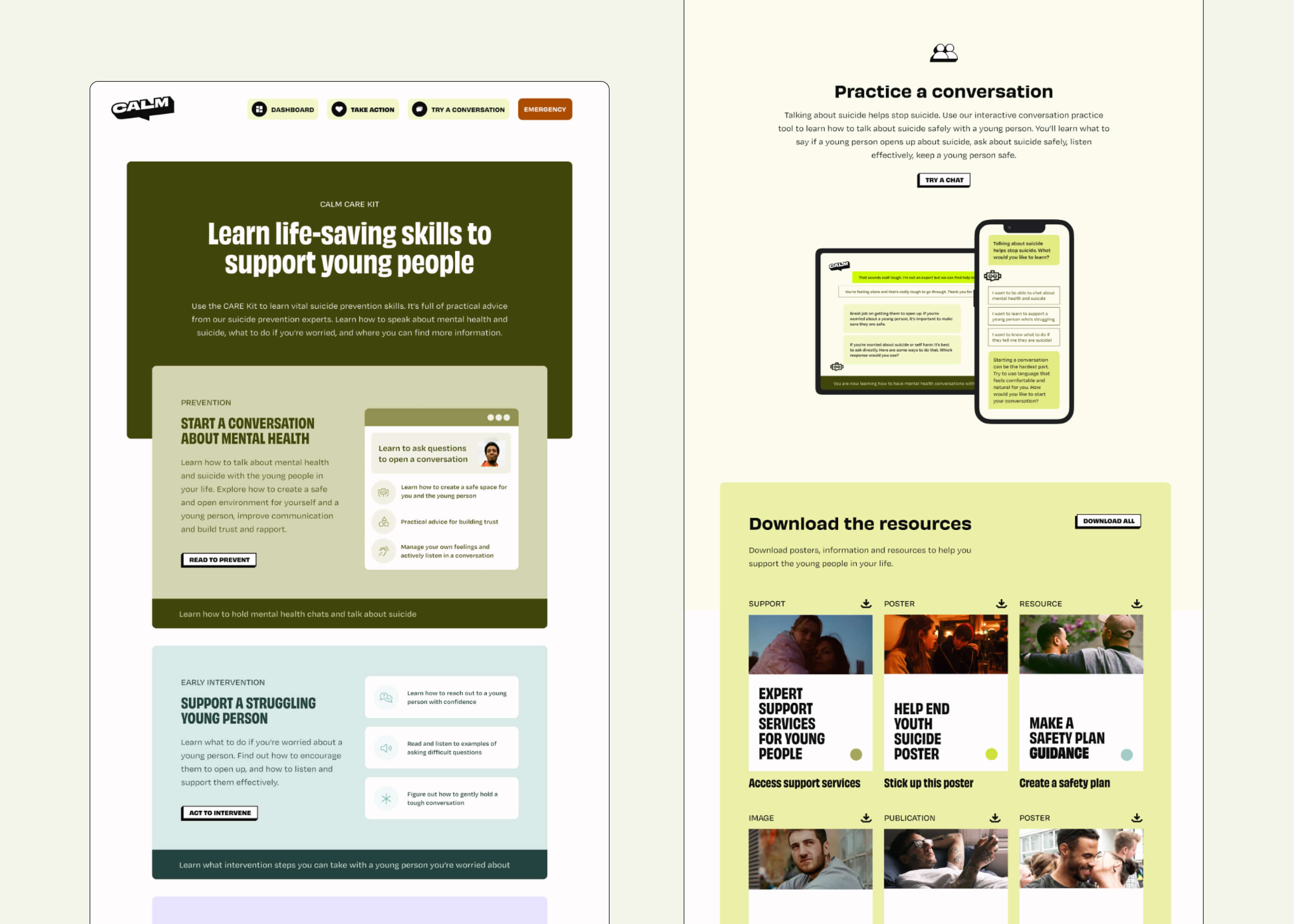 The dashboard showing the three modules, the conversation tool, and the resources shown across two shots of the page from the top half and the bottom - both large screen desktop versions