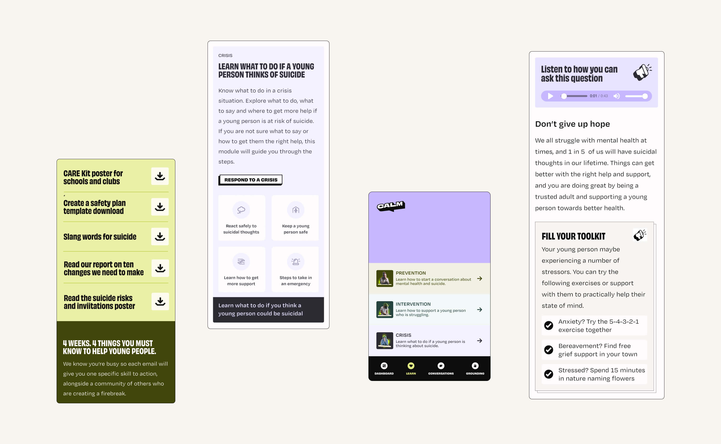 Four shots from the mobile small screen experience of various sections - the resources changing design, the dashboard reducing down, the mobile specific thumb menu, the module with widgets for audio and actions