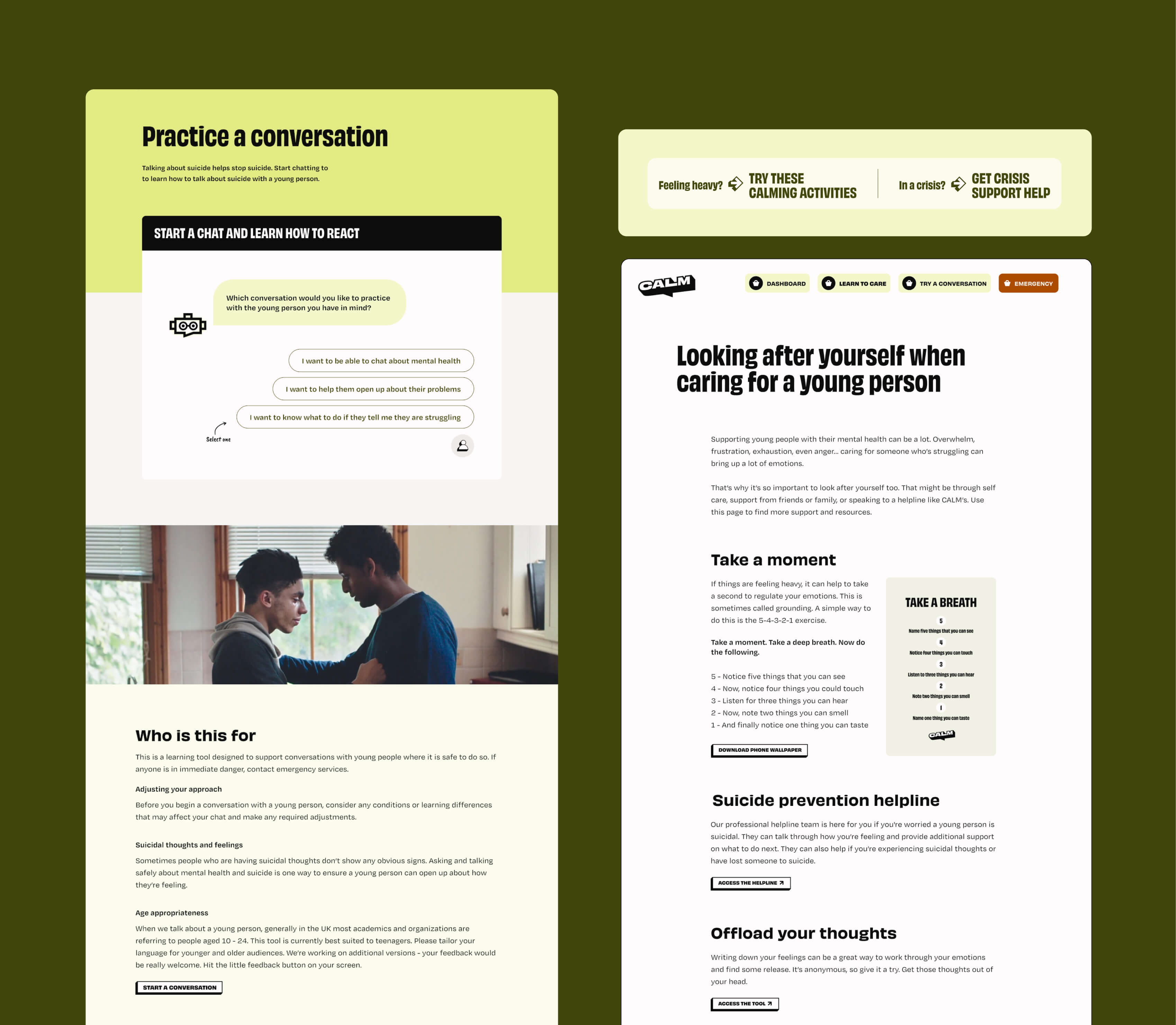 An image on a solig green background shows the conversation practice page on the left, and a page for supporting adults on the right.