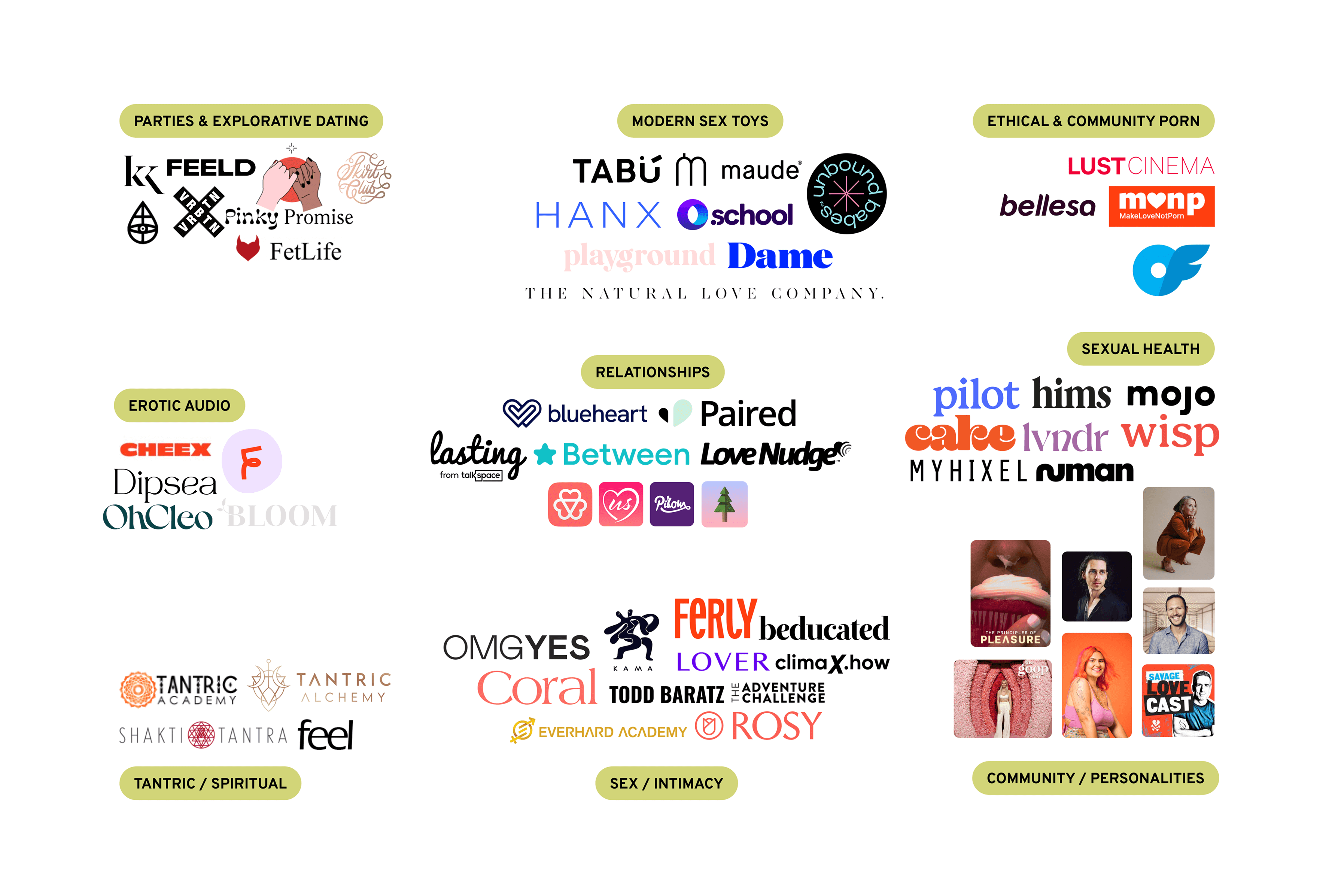 A graphic with a solid white background and 9 different clusters I grouped the organizations and influencers into including parties and explorative dating, modern sex toys, ethical porn, erotic audio, sexual health, tantric or spiritual, sex/intimacy, and relationships. The logos or photos of the influencers are shown in each cluster.