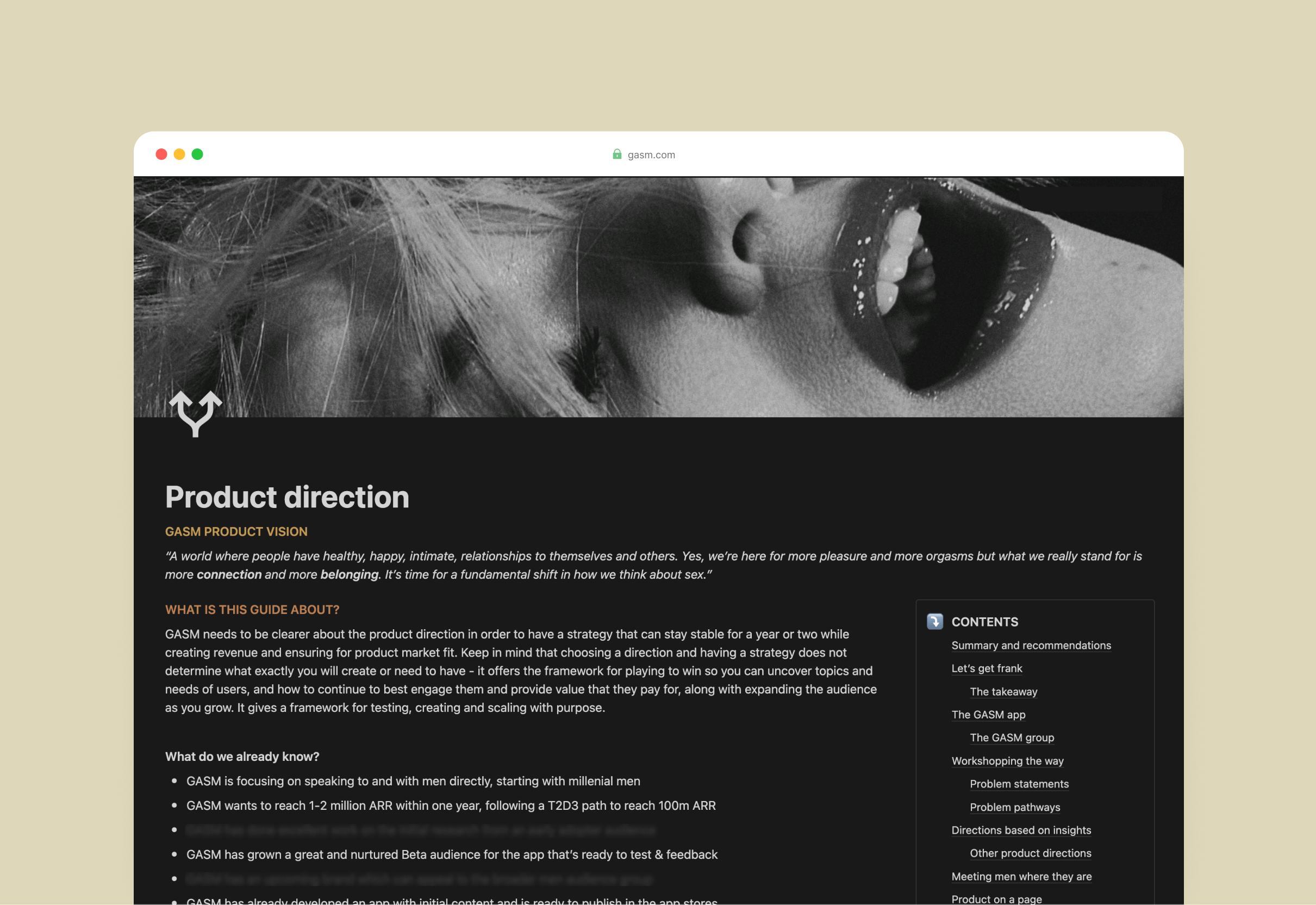 A browser mockup against a very mustard-cream background with a screenshot of the product strategy from the start outlining GASM's vision and what this guide is with some of the contents of the rest of the guide on the right.