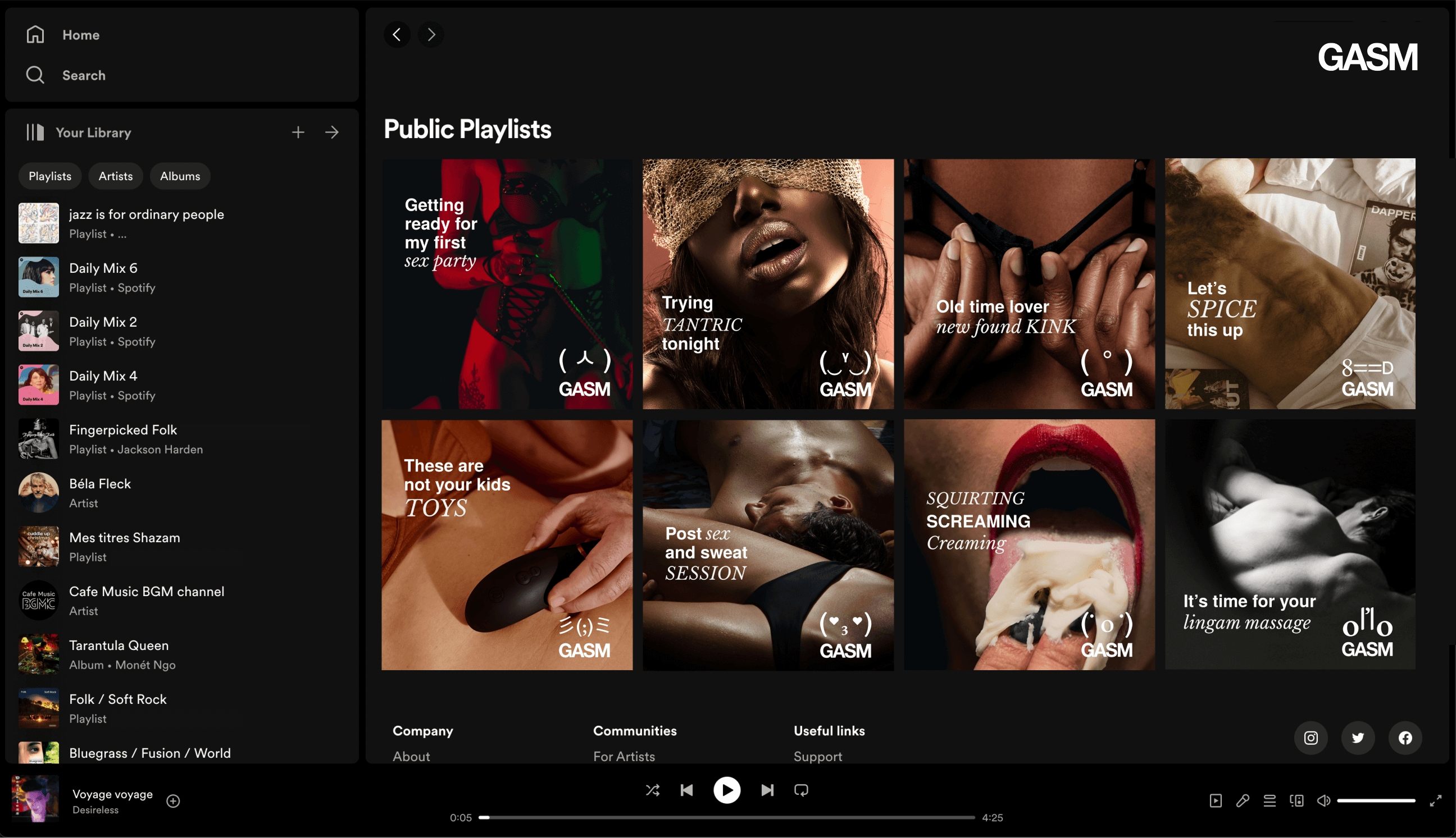 The spotify mockup showing a spotify user page with the GASM playlists made with beautiful, sexy imagery and text. Some of the playlists are These are not your kids toys, Post sex and sweat, Old time lover new found kink, and Let's spice this up.
