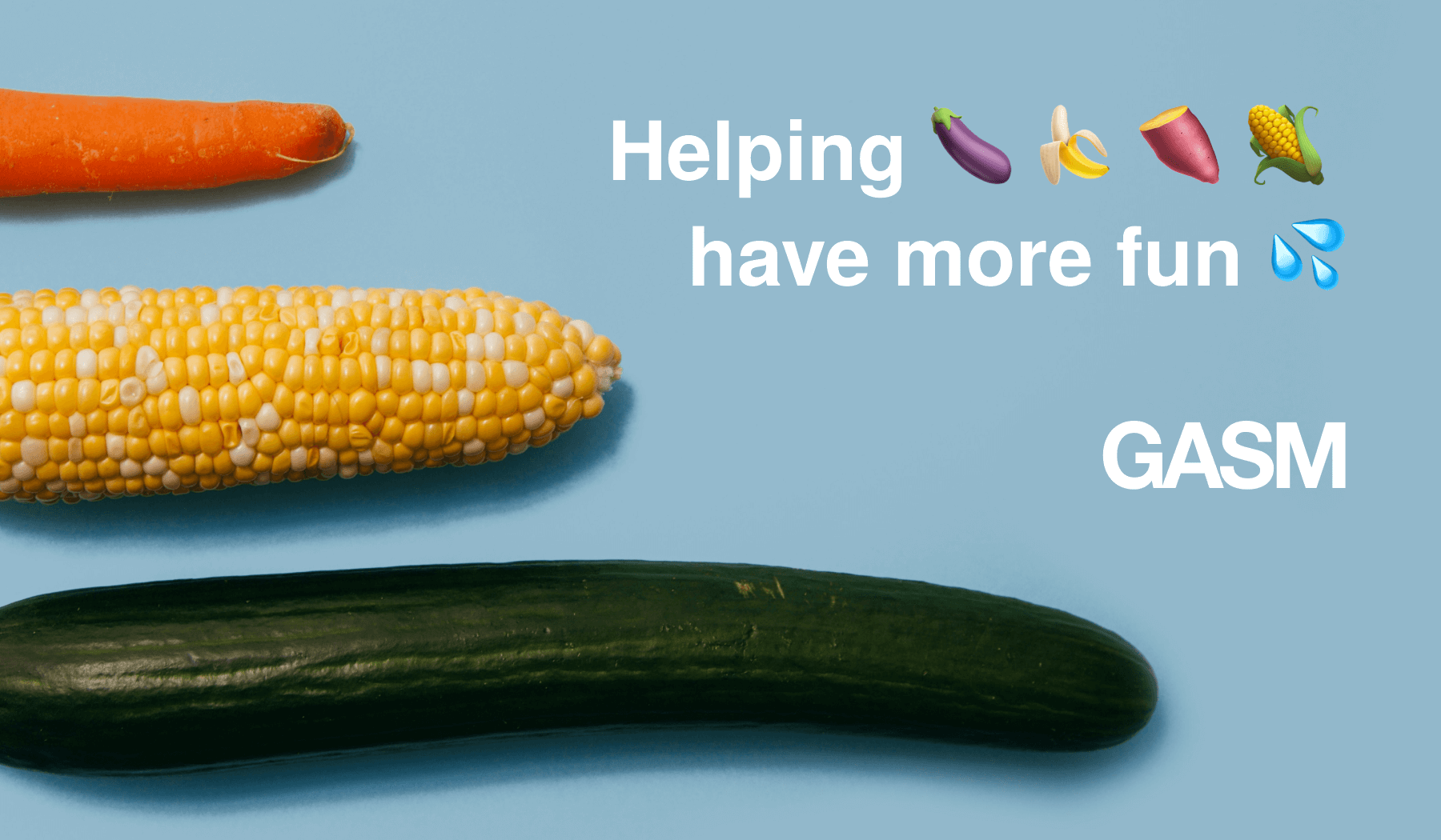 A bright blue background shows three vegetables on the side lined up in scale order: a carrot, cob of corn, and a cucumber. The text reads Helping (eggland, banana, sweet potato, corn emojis) have more fun