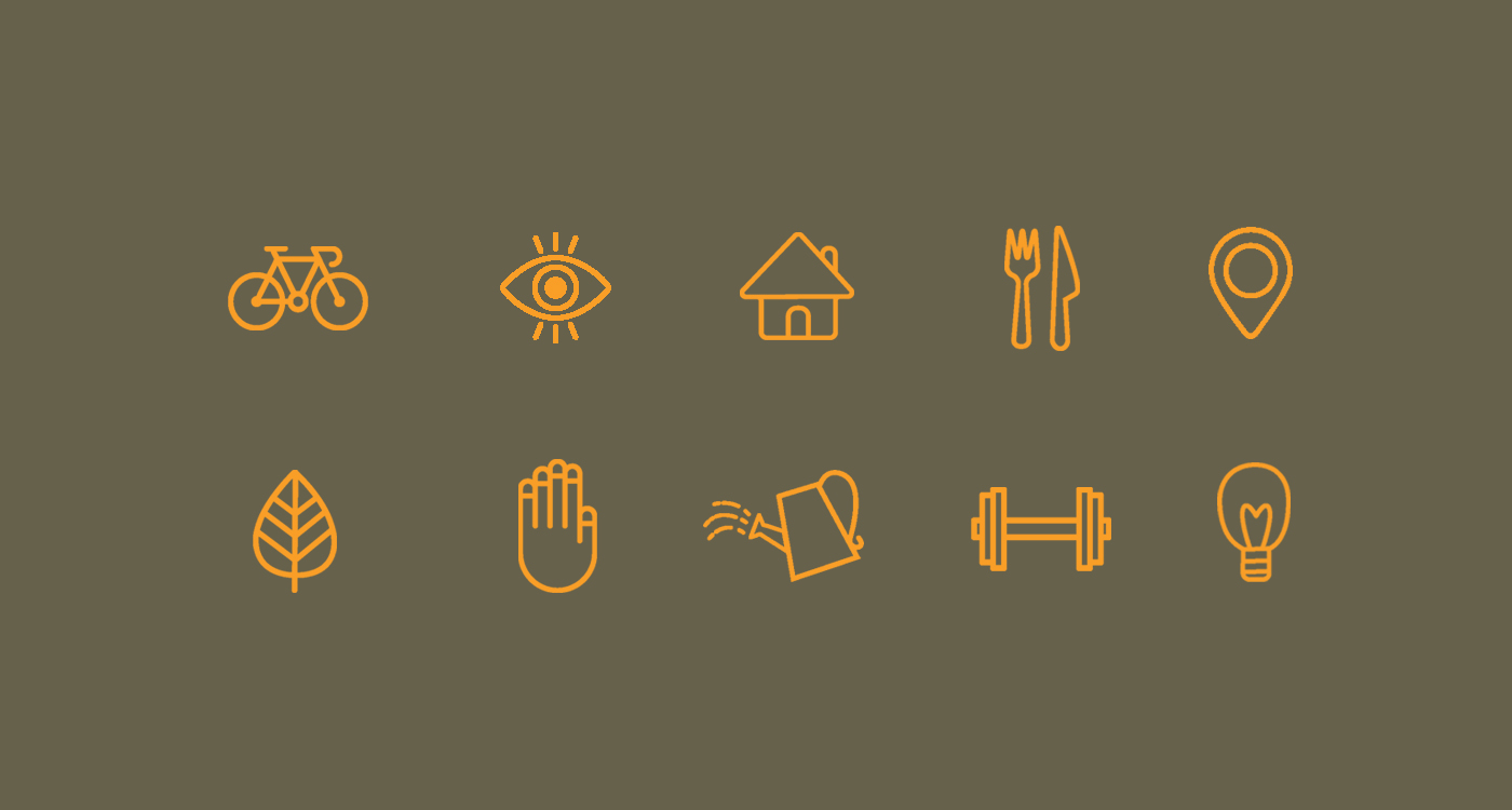 Orange icons including a bike and watering can are shown against a dark green background