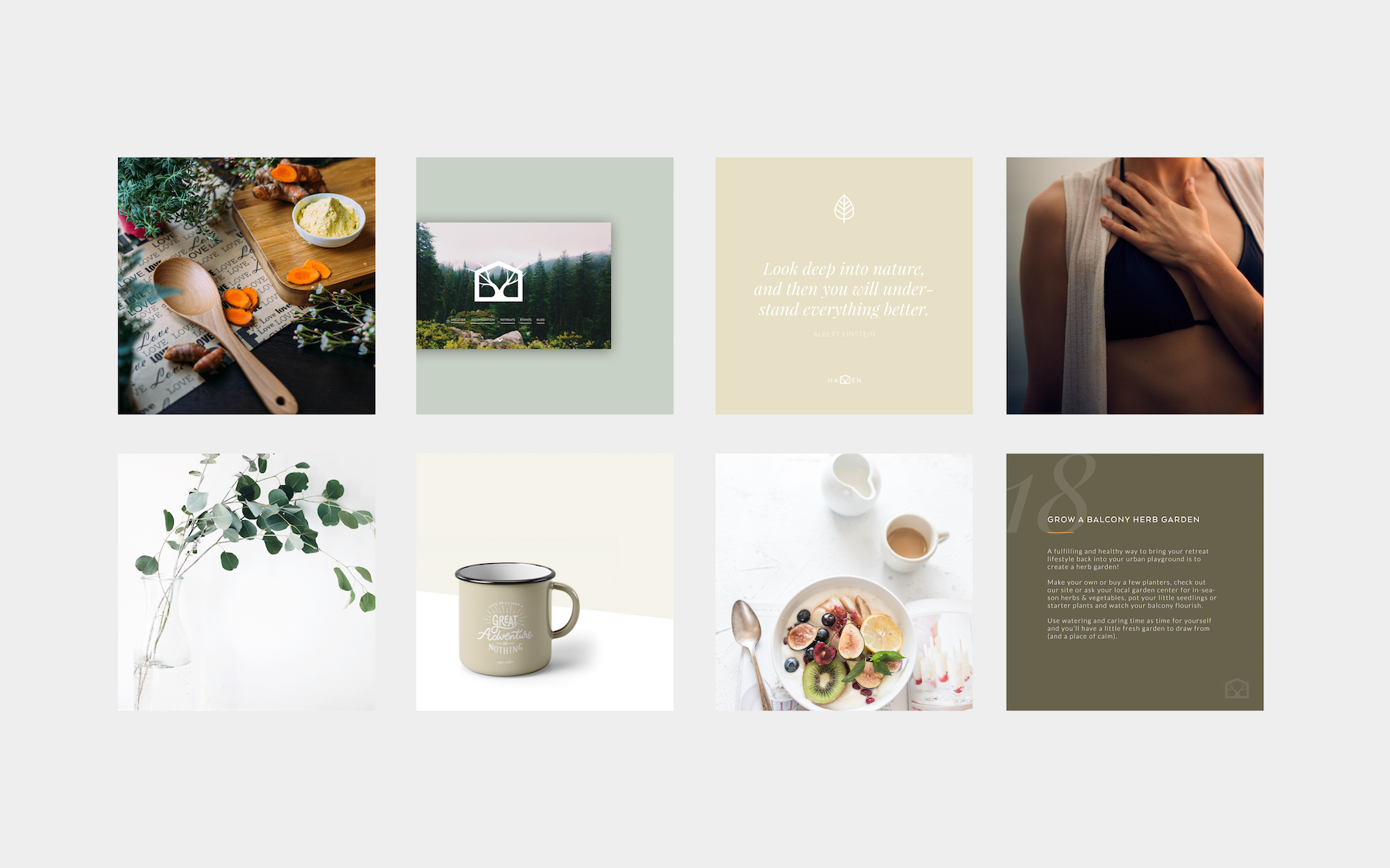 Eight squares are laid against a grey background where each square is an image of the social media post