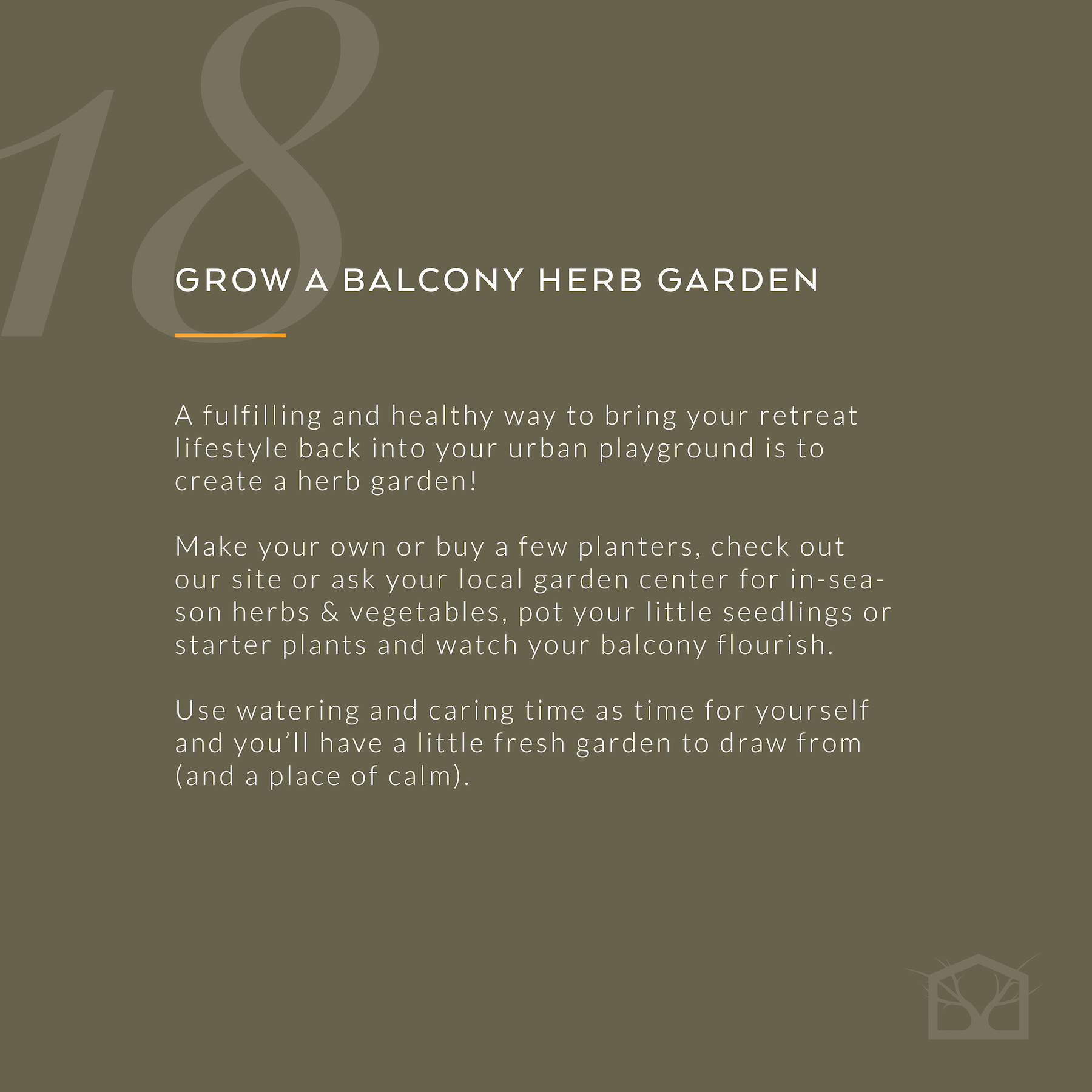 A social media image showing a tip about growing a balcony herb garden. The image uses a dark green background with white text and the tip number is large at a faded opacity in the top left corner.