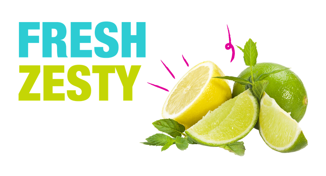 A cut out whole lime and lemon with two lime wedges with the words Fresh and Zesty