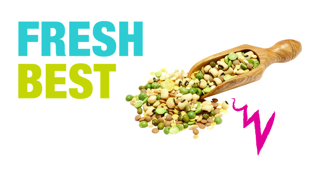 A cut out of a wooden scoop with variou colors of beans and legumes with the words Fresh is Best