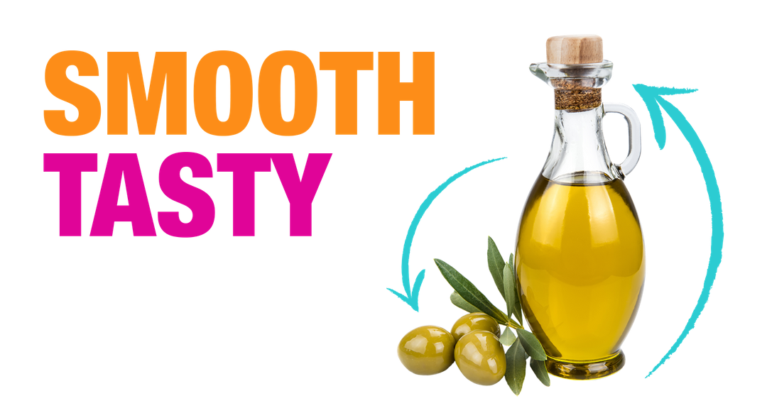 A cut out beautiful glass bottle of olive oil without labels and with three olives next to it at the bottom with the words Smooth and Tasty