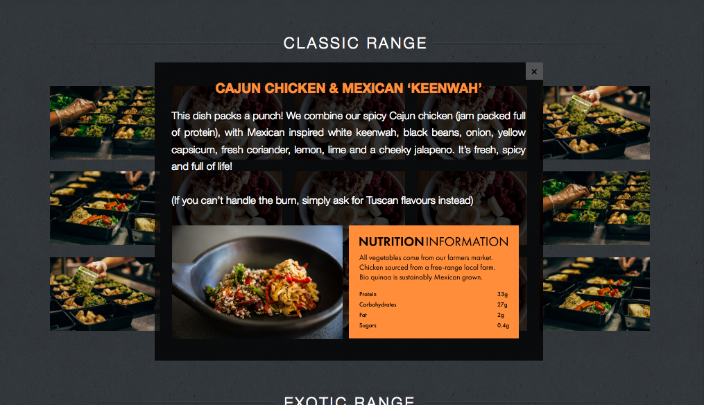 A close up of one of the meal choices I designed into the site so clicking on a meal would open up an overlay modal that shows the copy that describes the meal and the nutritional information