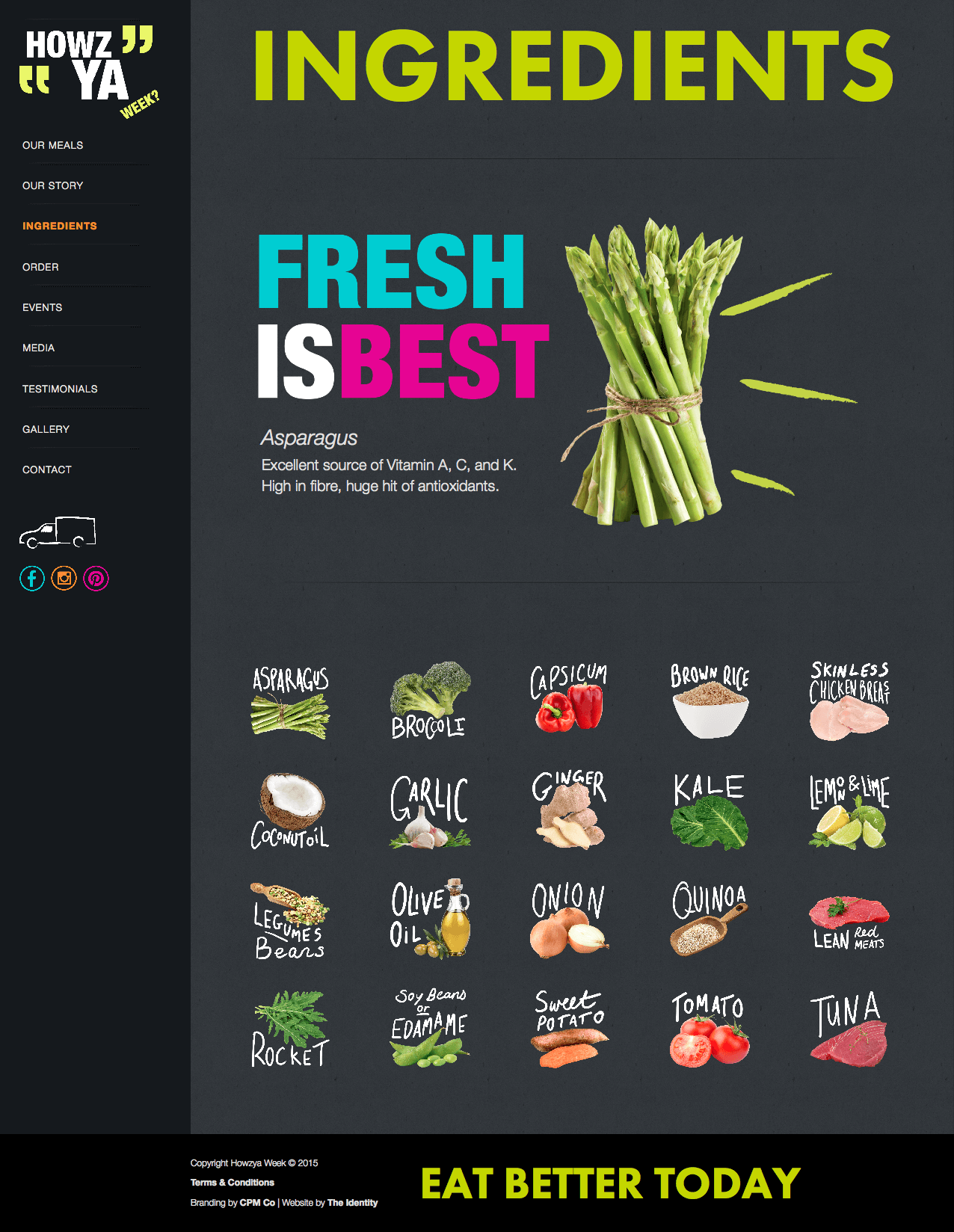 Website design of the ingredients page showing off all the ingredients where each can be clicked for a line of health information, this one featuring asparagus saying Fresh is best