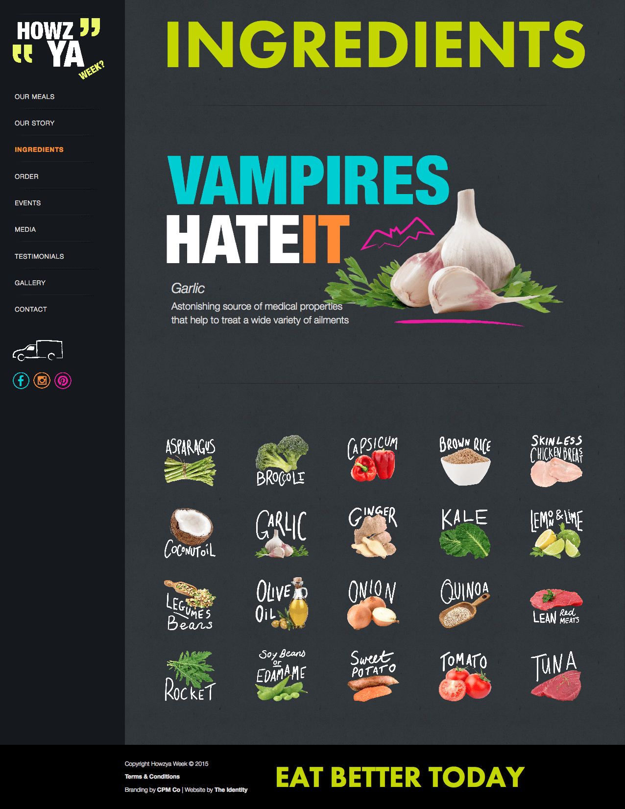 Website design of the ingredients page showing off all the ingredients where each can be clicked for a line of health information, this one featuring garlic saying Vampires hate it