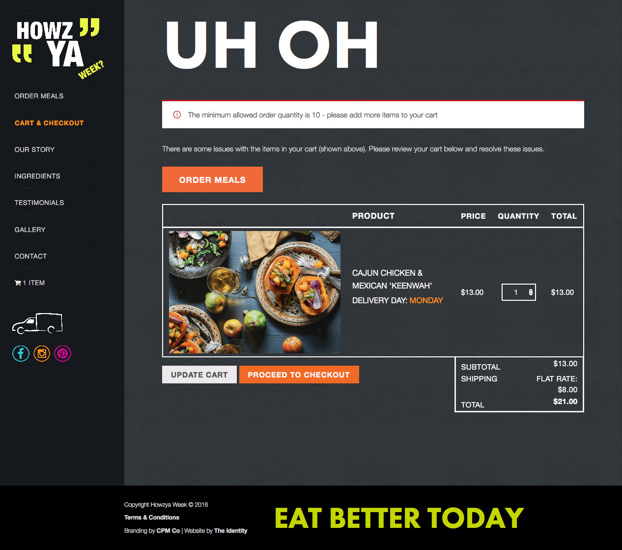 The error state of the cart for not purchasing enough meals in culmination for the delivery