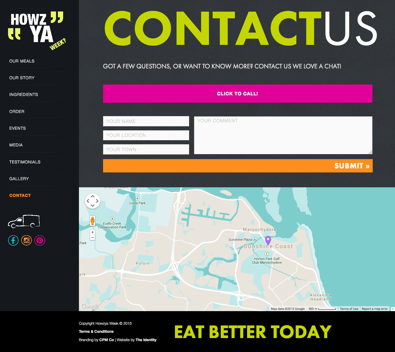 The contact page design of the website with bold brand colors and a custom google map style in blue and cream