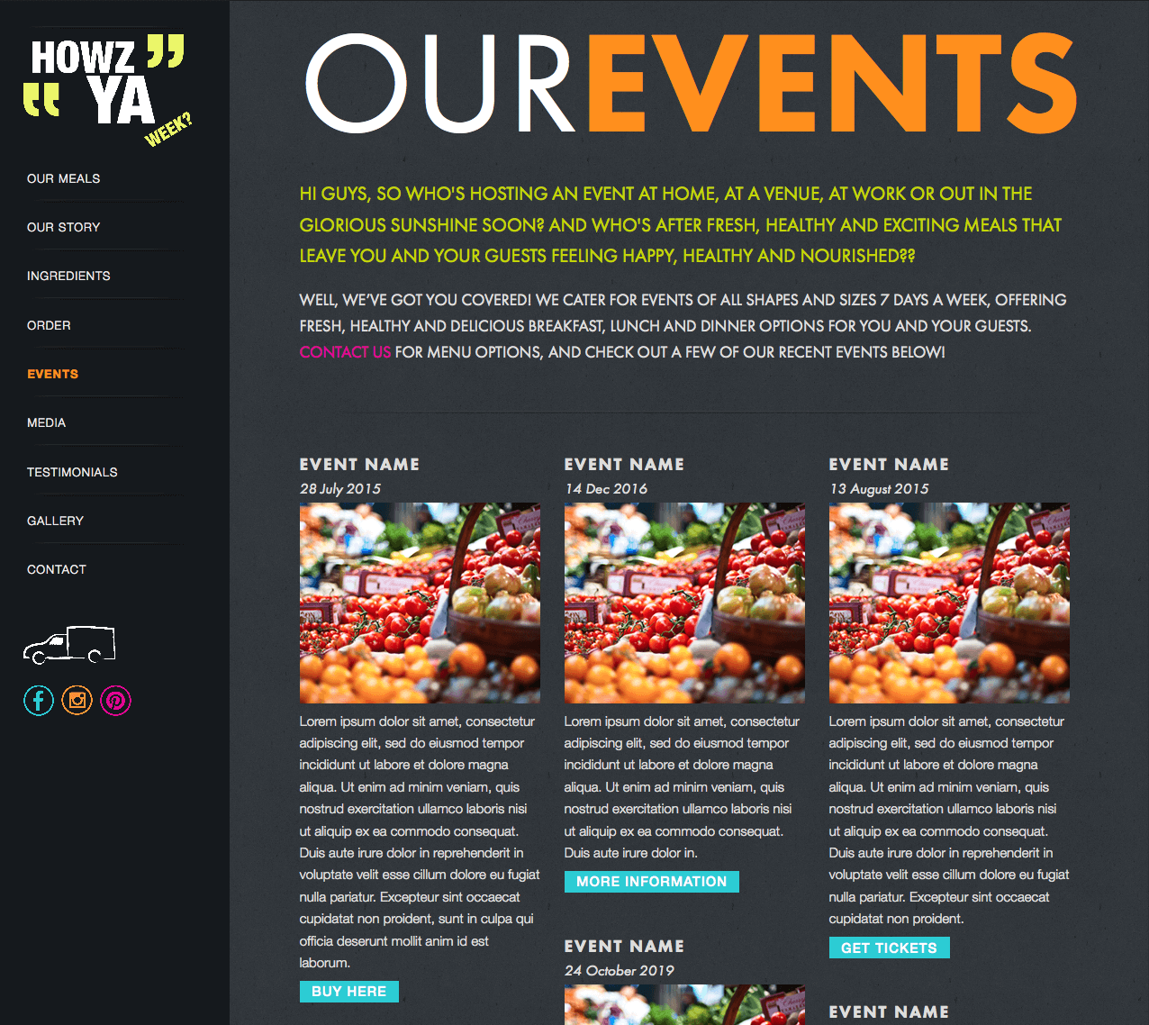 The events page design of the website with bold brand colors
