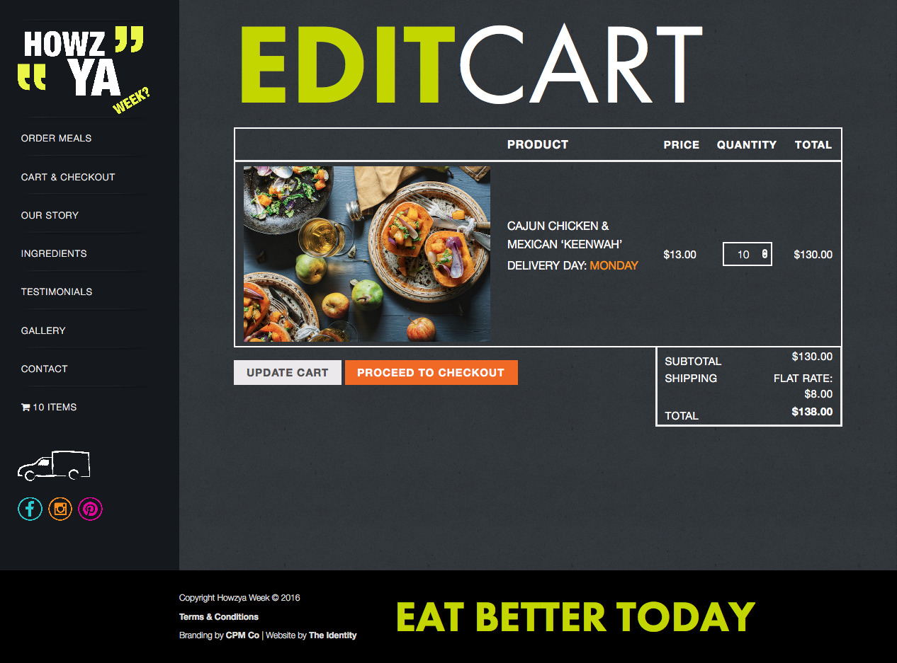 The edit cart page for when you are ordering meals and their delivery days
