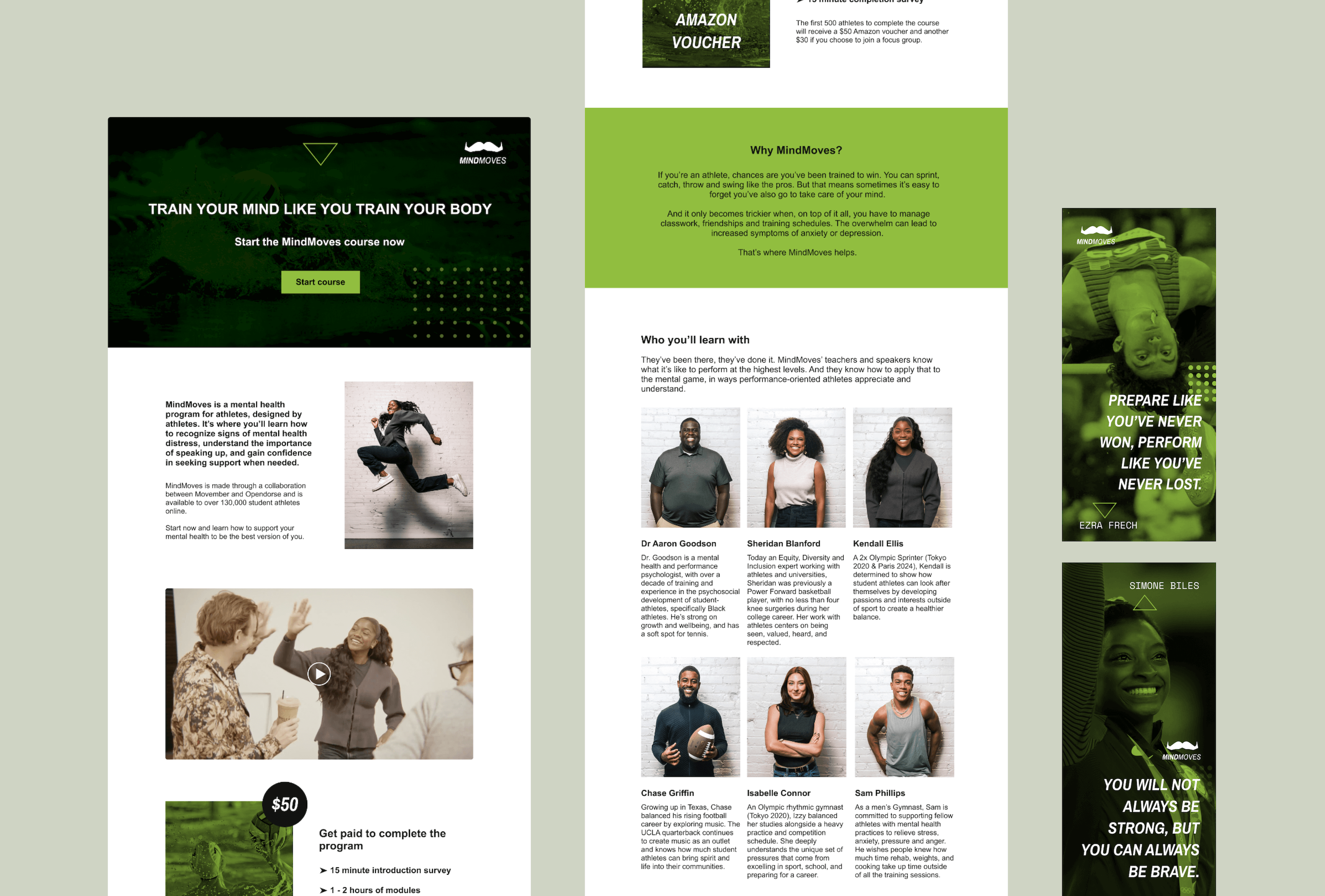 A light green solid background shows two shots from the landing page of the program and two image quotes from athletes that support athlete mental health.