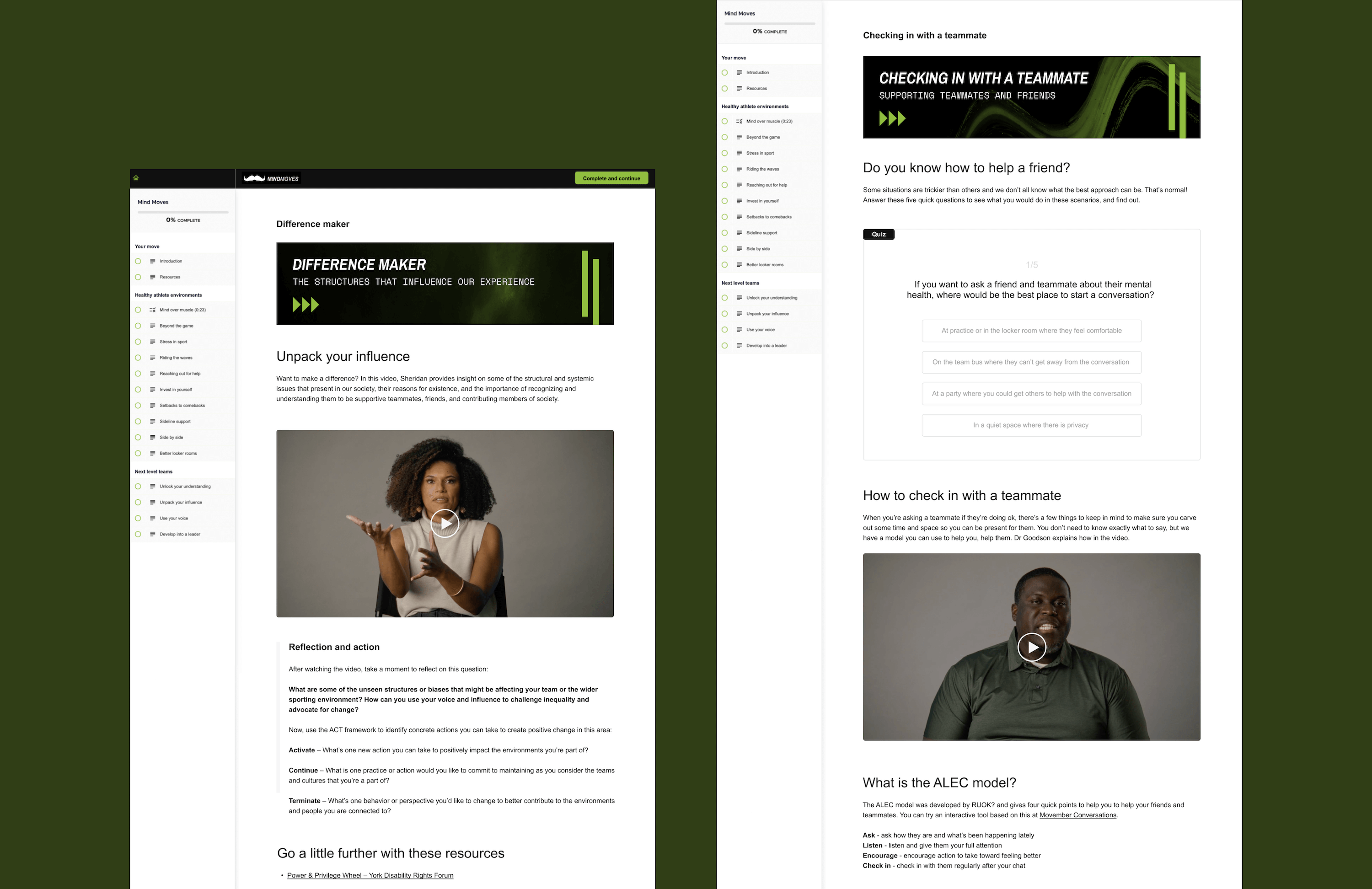 A solid dark green background shows two of the module page designs one for being a difference maker within a team, and the other for checking in with a teammate and how to have a conversation.