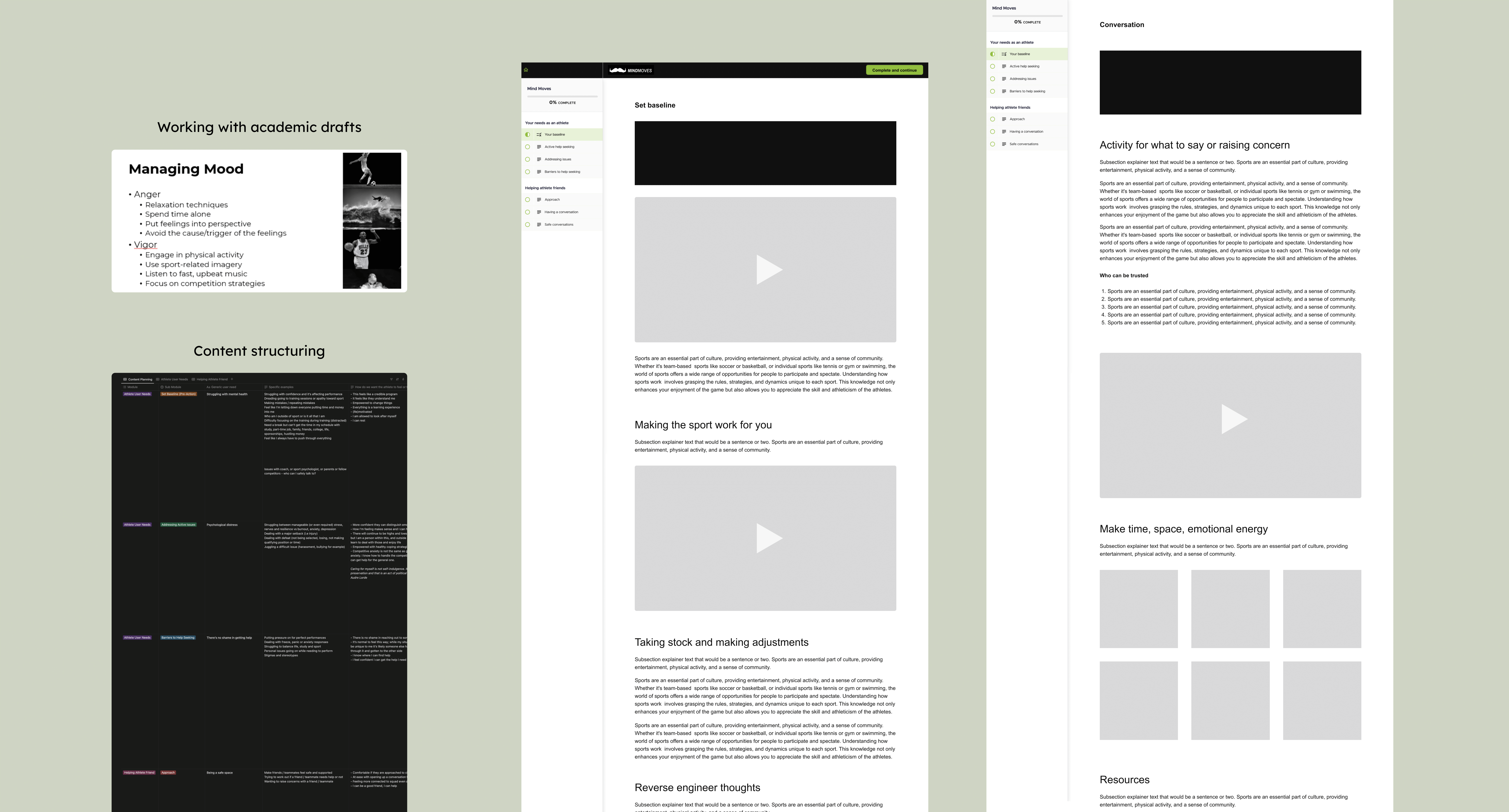 A solid like green background has a screenshot in the top left of a piece of content drafted by an academic, a screenshot of the content structure it belonged to, and two wireframes of the page layouts within the Teachable course framework.
