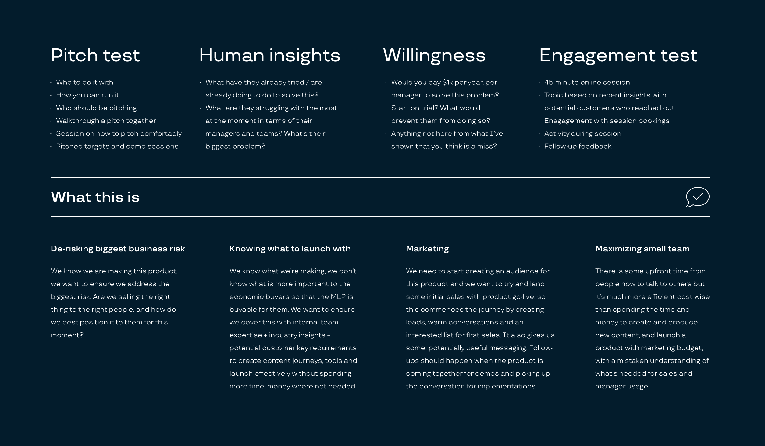 An image with a solid dark navy background shows a few snippets of this work such as a pitch test, human insights, willingness, and engagement - all measures of the test.