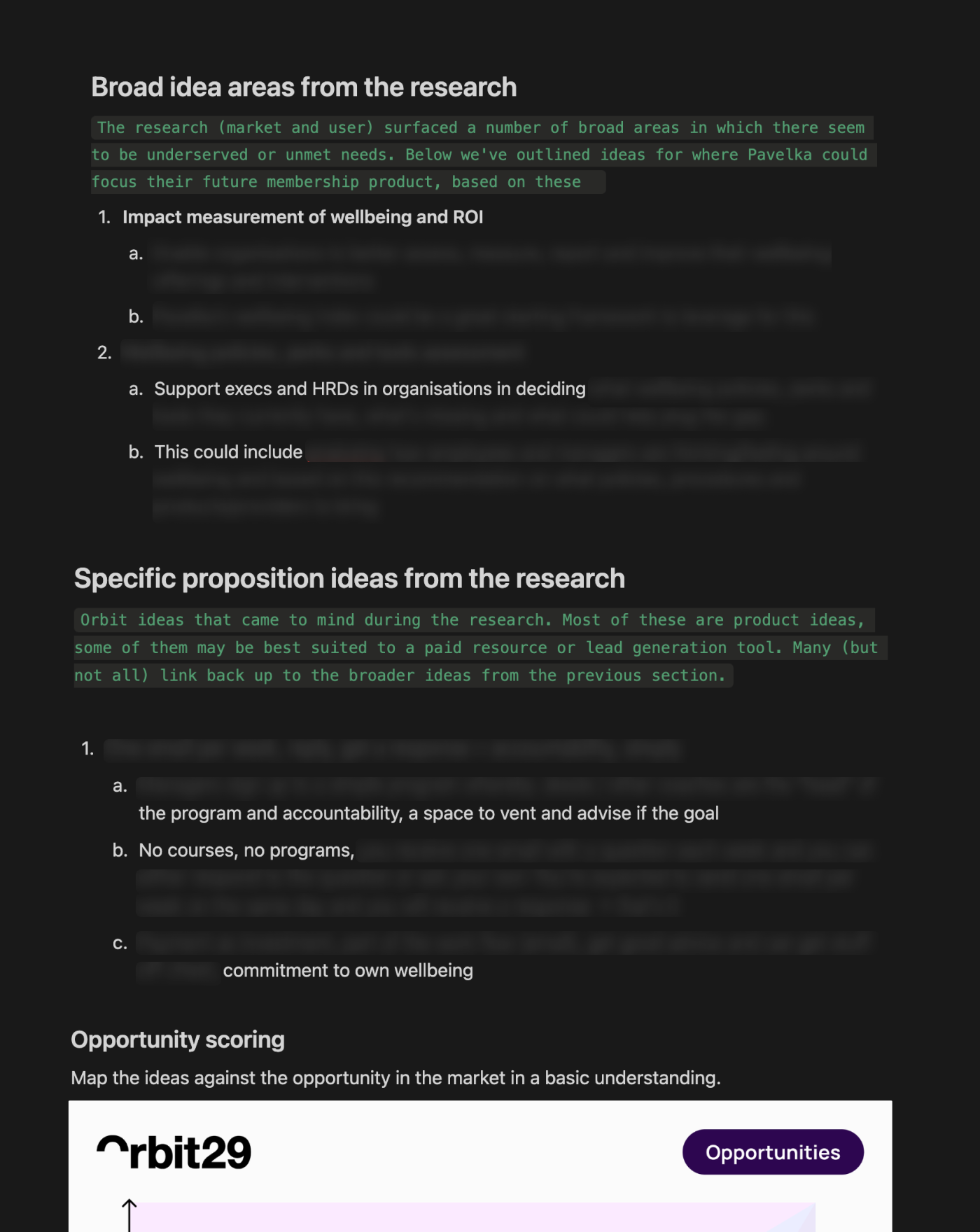 Screenshot of three sections (cut off) from the ideation page with much of the text blurred for confitdentiality.
