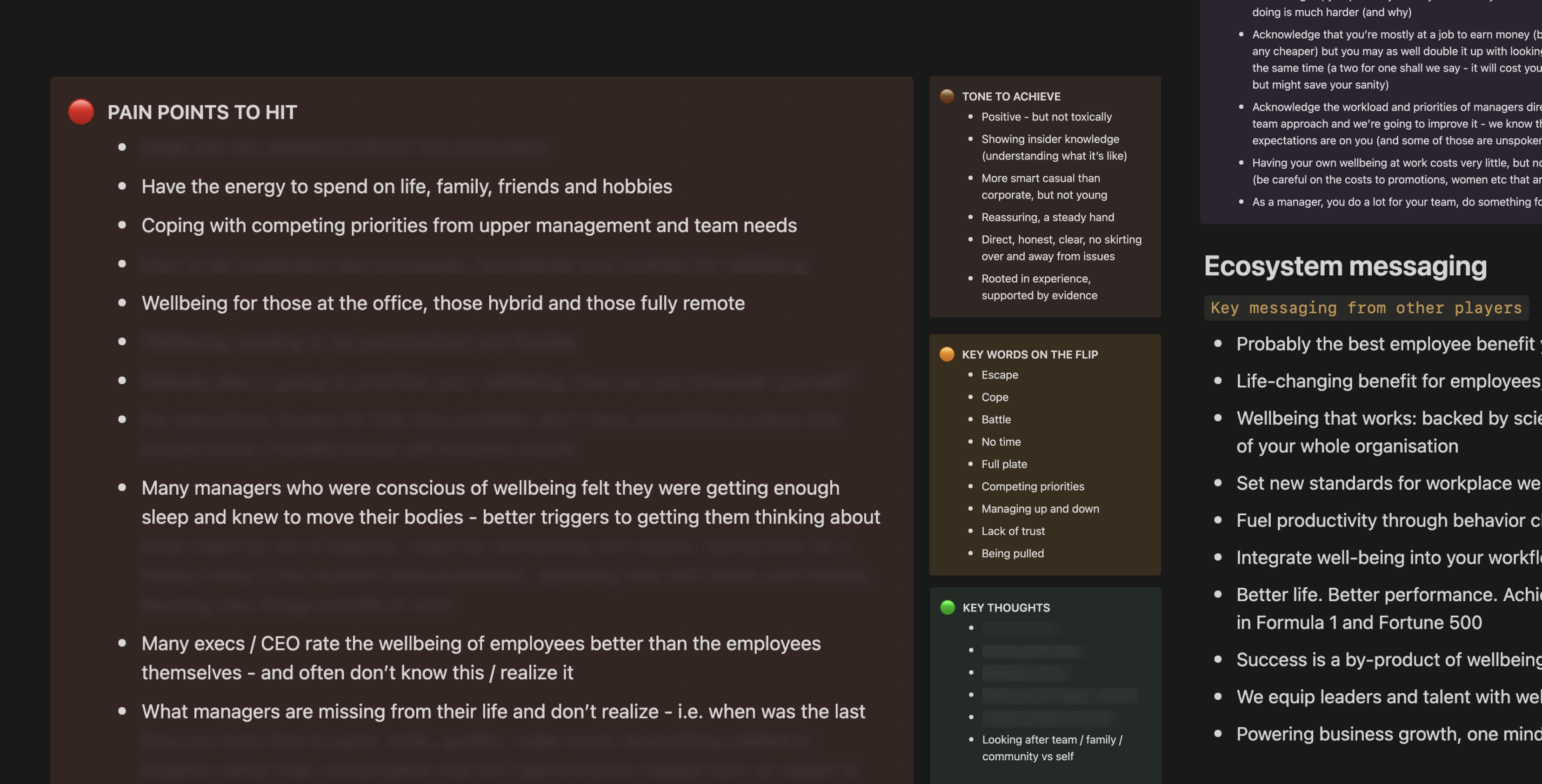 A screenshot from the key messages page with much of the text blurred for confidentiality purposes. It shows the boxes for painpoints to hit in messaging, tone to achieve, keywords, and key thoughts. Also shown are other examples of key messages used by players in the corporate wellbeing space.